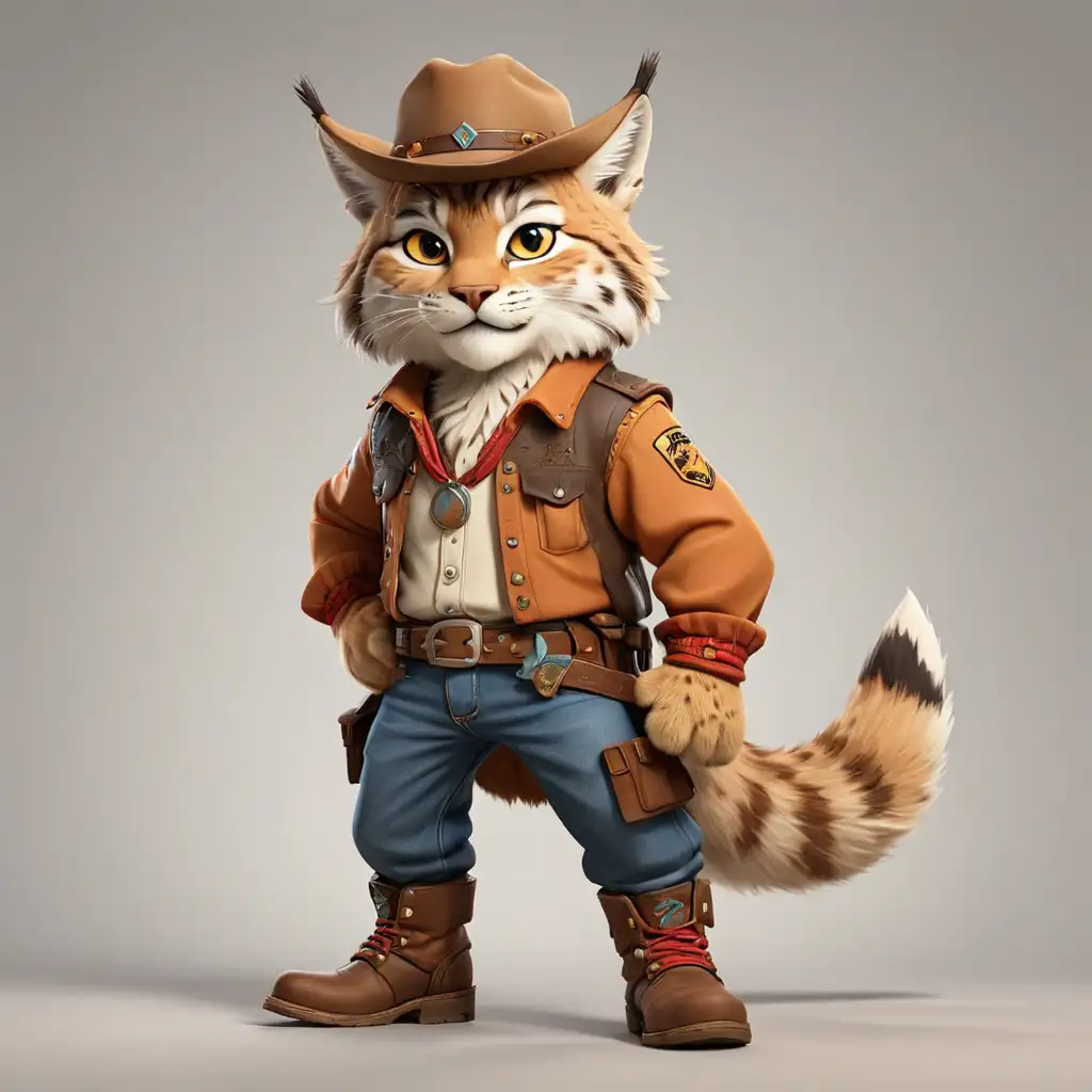 Cartoon Lynx Cowboy with Boots and Hat on Clear Background