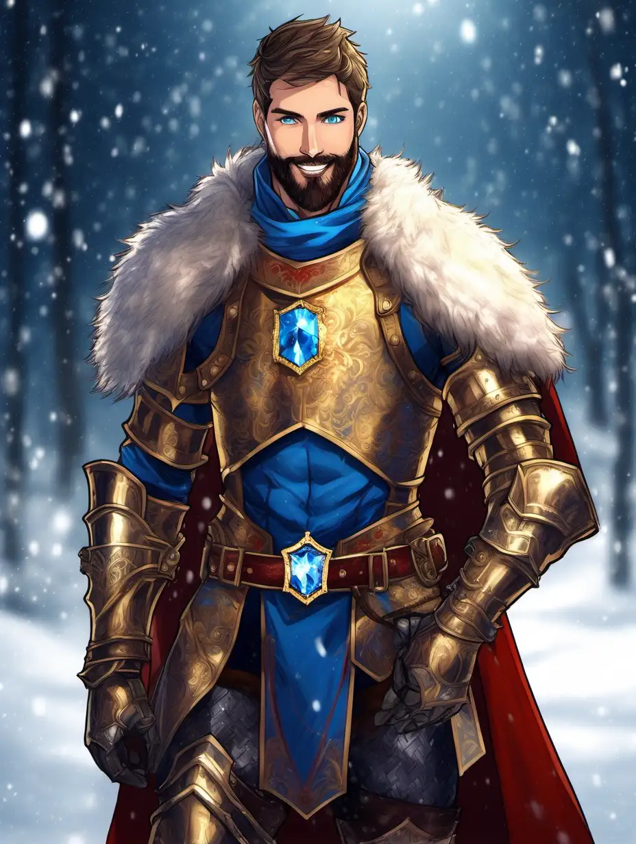 Smiling European Knight with Hairy Chest and Snowflakes