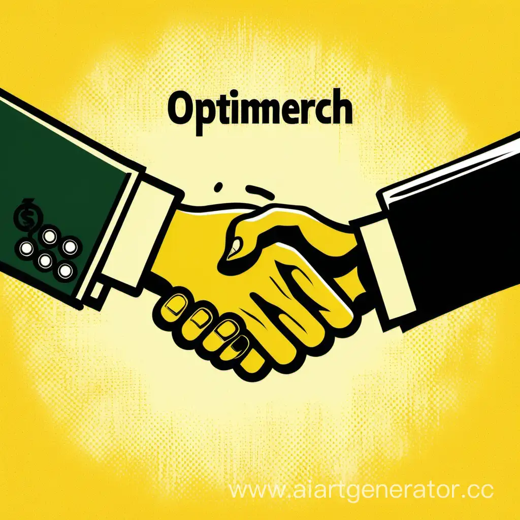 двое разных людей жмут друг другу руки, желтый фон , надпись OptiMerch