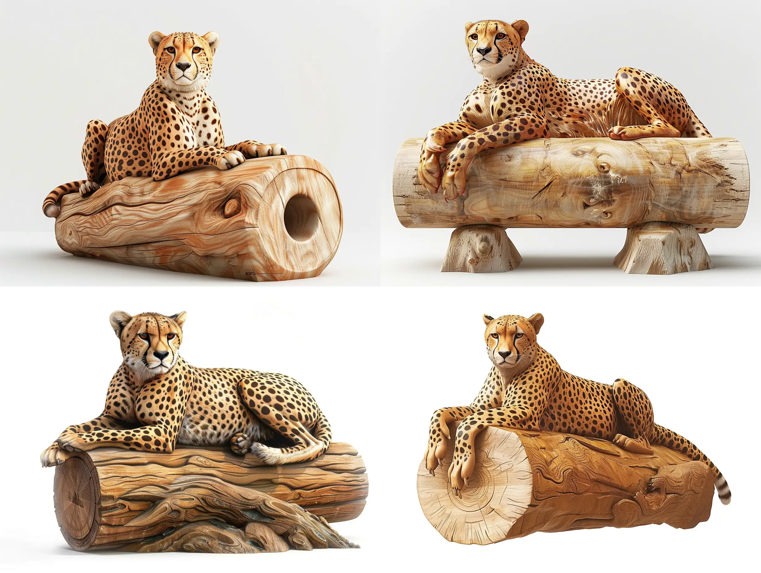Professional sketch for wooden sculpture, a full-length a cheetah resting on a cylinder full-face and in profile, professional dynamic character, wood carving, white background, 8k Render, ultra realistic