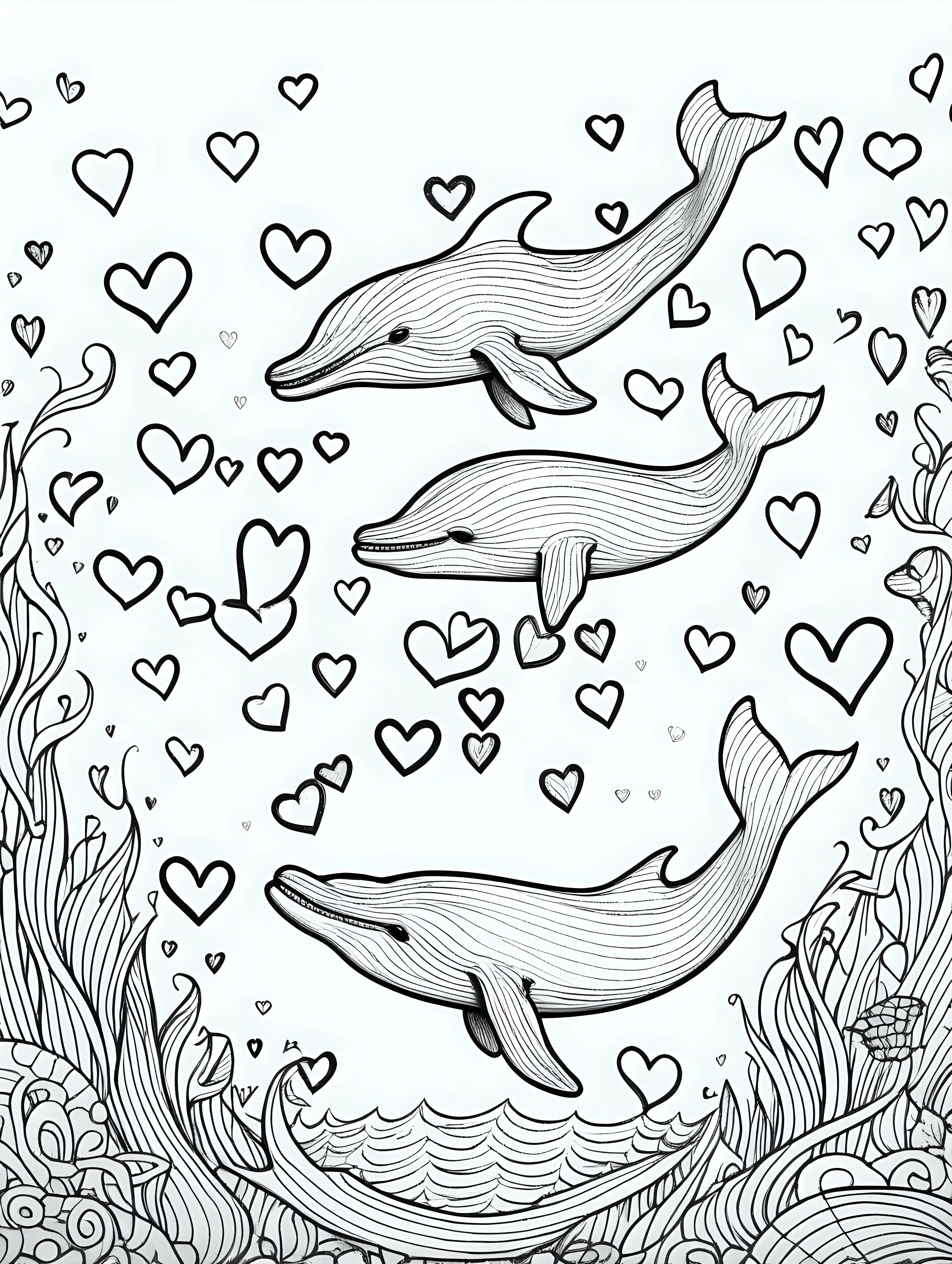create a black line detailed sketch illustration coloring page of cute whales in the ocean surrounded with hearts, crisp black outlines, no shading