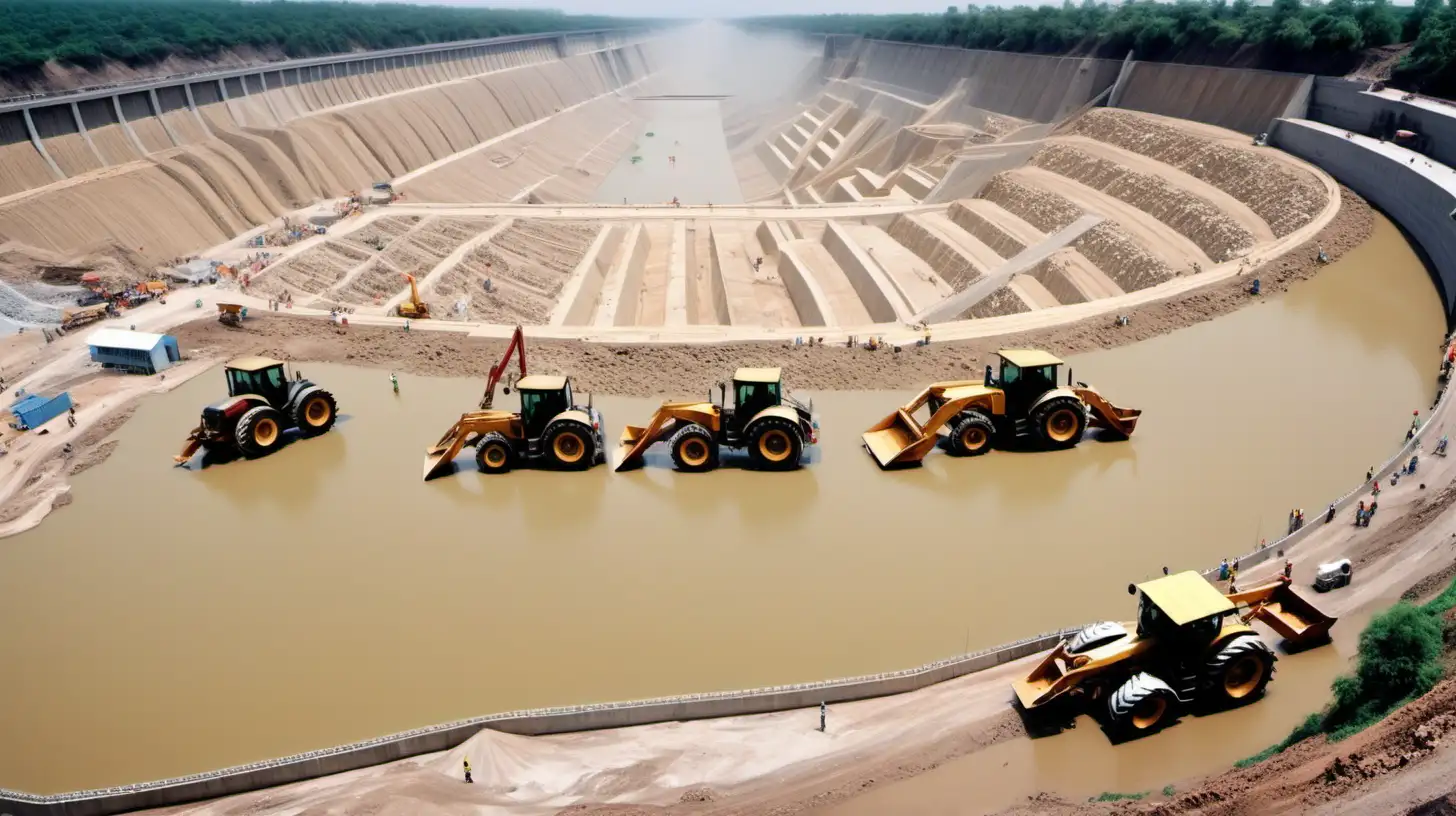 mega construction with many construction tractors, and people in a very very huge soily place, with water constructing 100,000 km mega dam