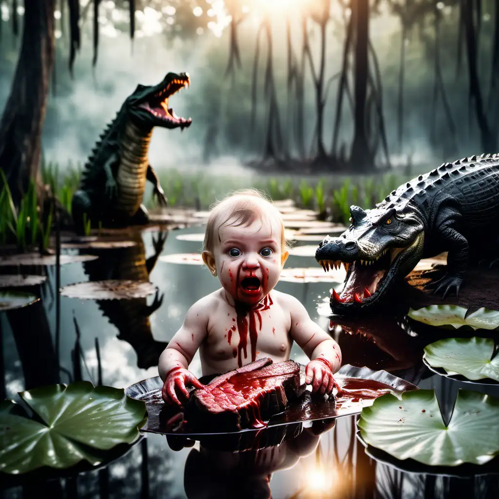 Scared Baby holding steak with dripping blood, swamp, hungry black crocodile lurking in the distance, water lilly, forest trees, sun shining through trees, misty atmosphere 