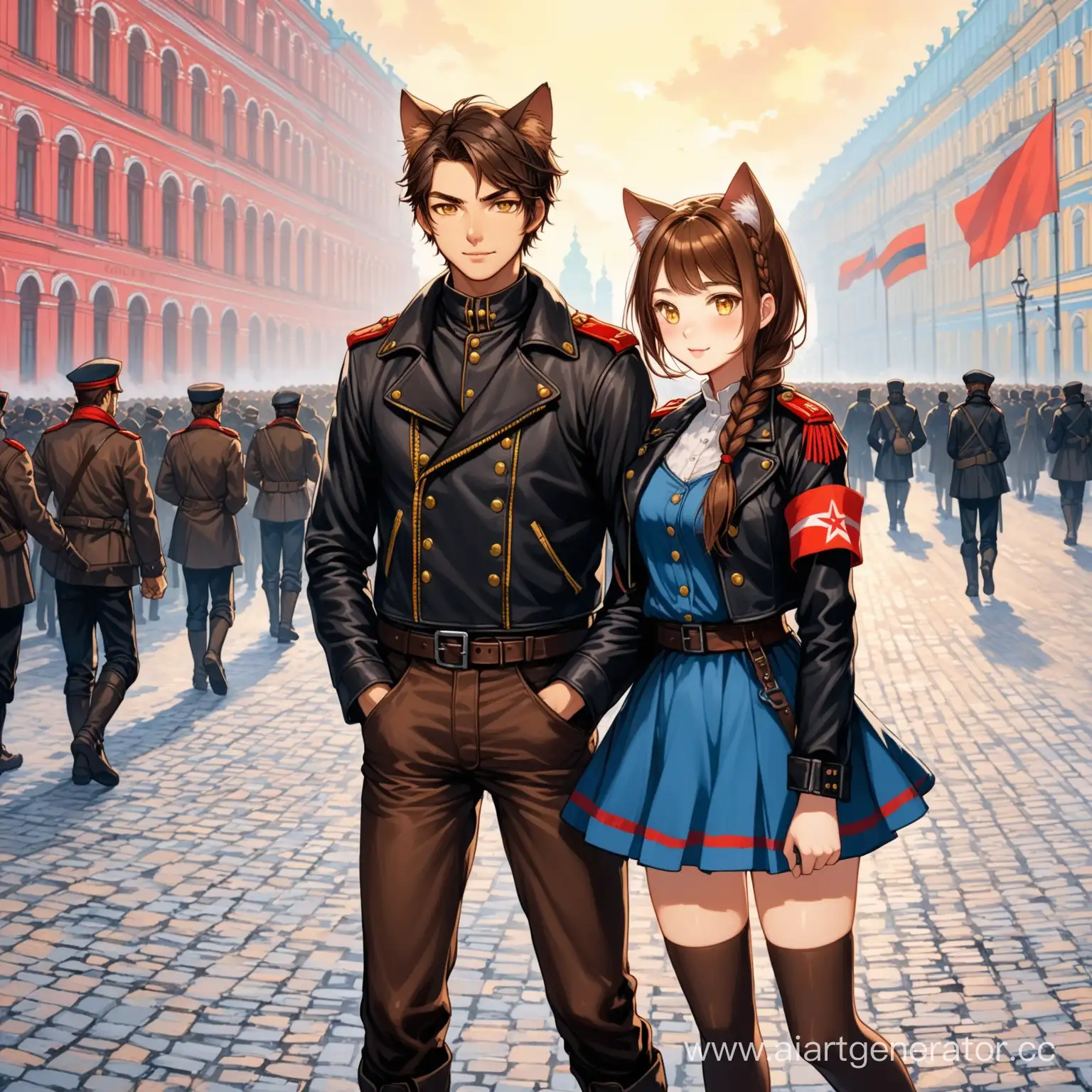 Catgirl yellow eyes brown hair (one short braid), brown cat ears, short blue skirt, black leather jacket with red armband, black stockings and her boyfriend, October revolution in Saint-Petersburg 