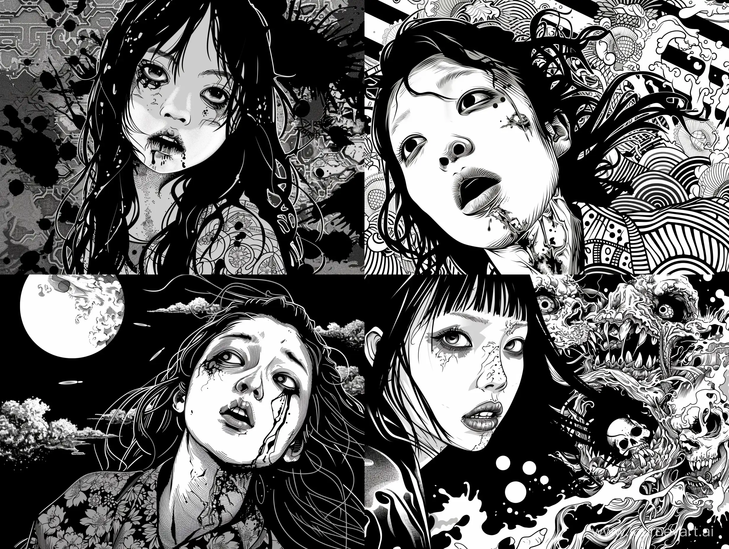 black and white japanese horror art of a woman ,
zombie, psychological horror, dark art, vector style illustration 