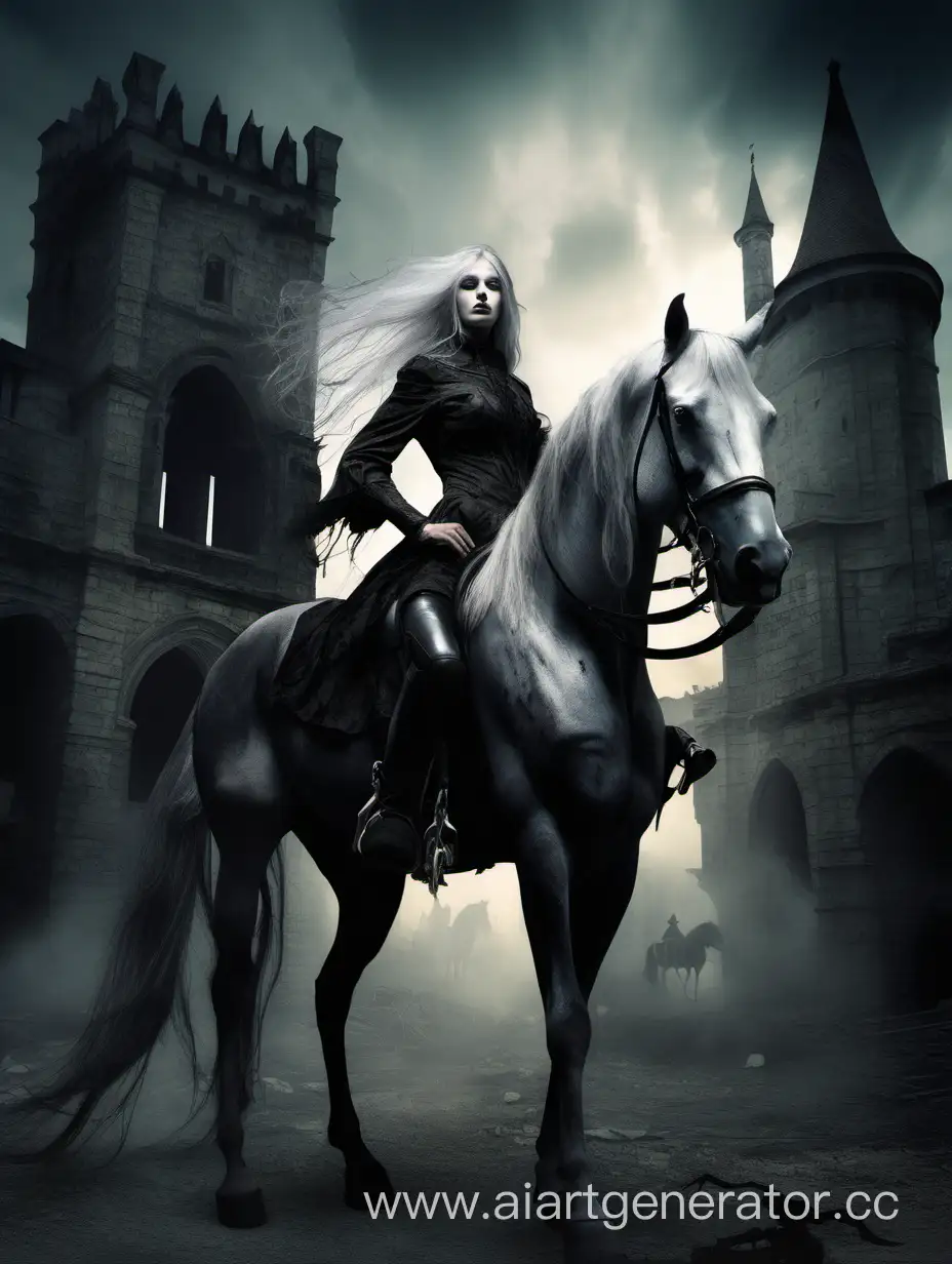 The horsewoman of the Apocalypse is the Plague. A woman with long gray hair. Her body is made up of shadows. an ancient Gothic castle. She holds the reins from the bridle in her hand, and a horse stands next to her.