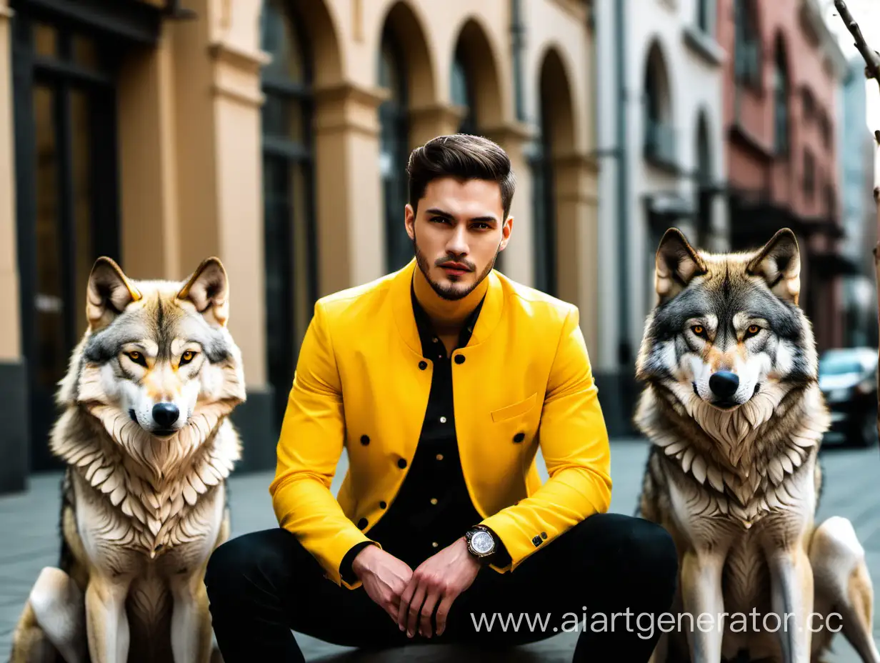 Красивый парень в желтом сидит возле двух волков. Город. 