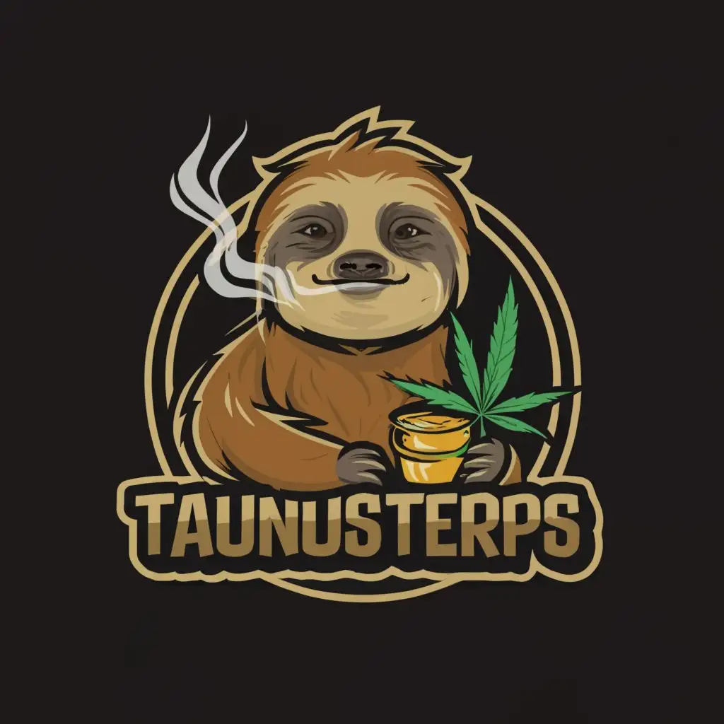 a logo design,with the text 'TaunusTerps®', main symbol:a stoned sloth smoking a joint and add some cannabis. Keep the style of the sloth the exact one but let him hold a pot of honey like Winnie the Pooh, complex,clear background