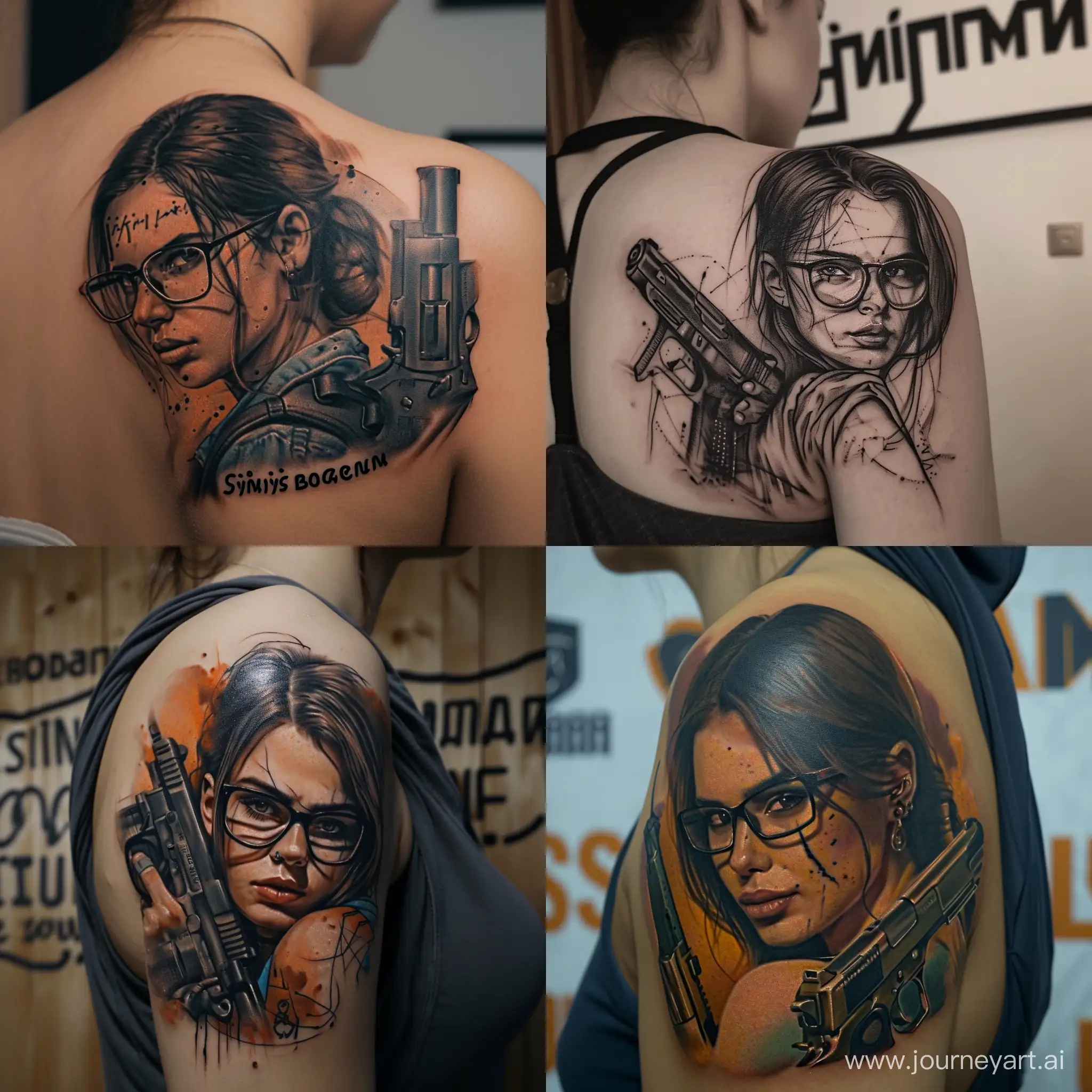 Tattoo of a girl with glasses and a pistol in the style of whipshaiding, on the shoulder, large detail, hyperrealism, daylight, siniybocman is written on the wall in the background