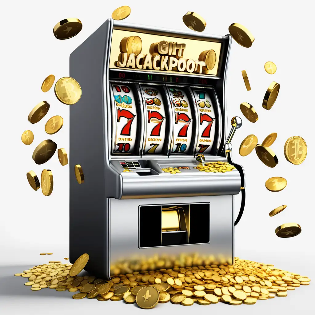 an entire slot machine spitting out a bunch of gold coins onto the floor because it hit a huge jackpot on a white background