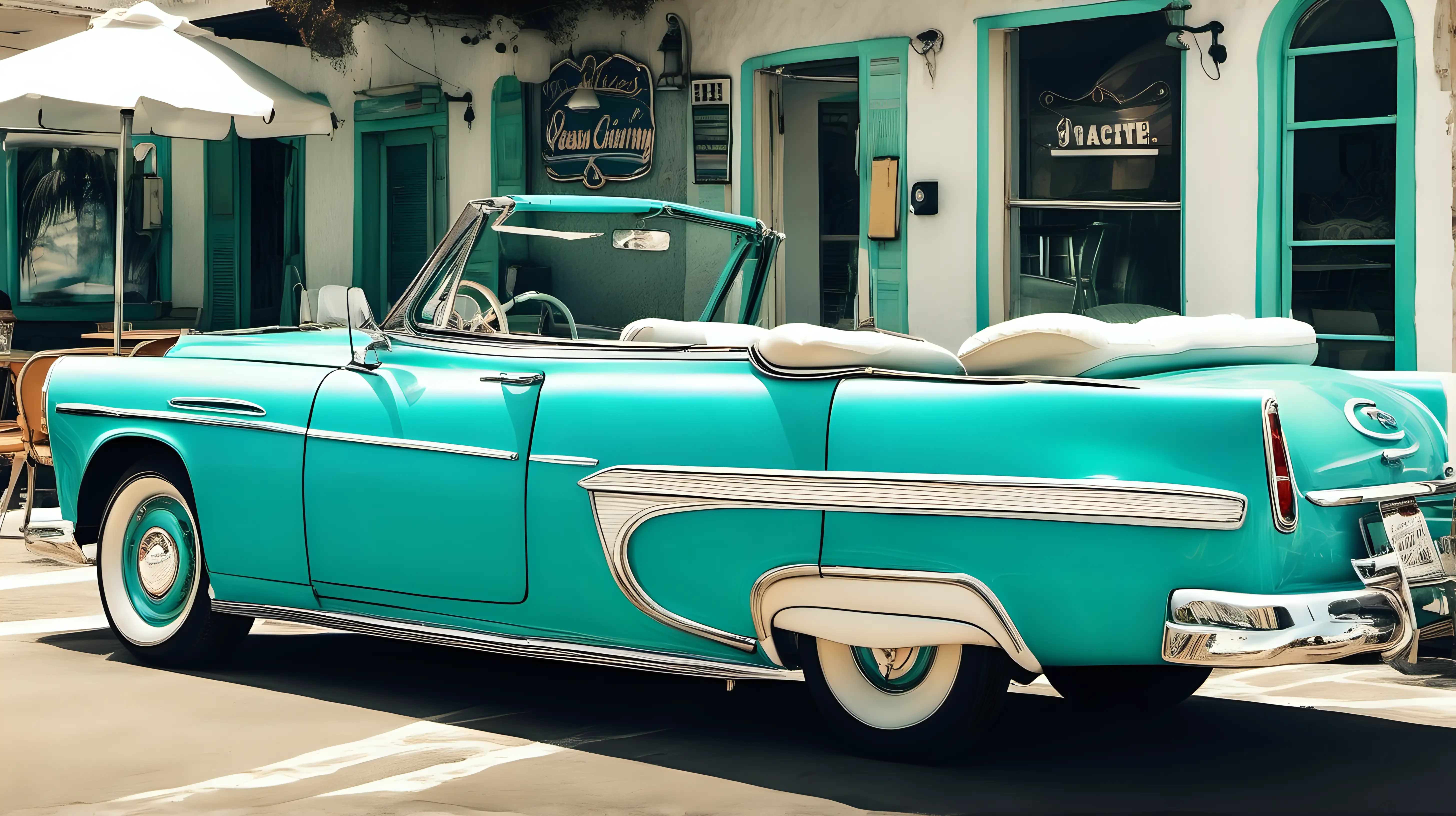 A charming turquoise vintage convertible parked at a seaside café, the ocean breeze tousling its perfectly restored upholstery.