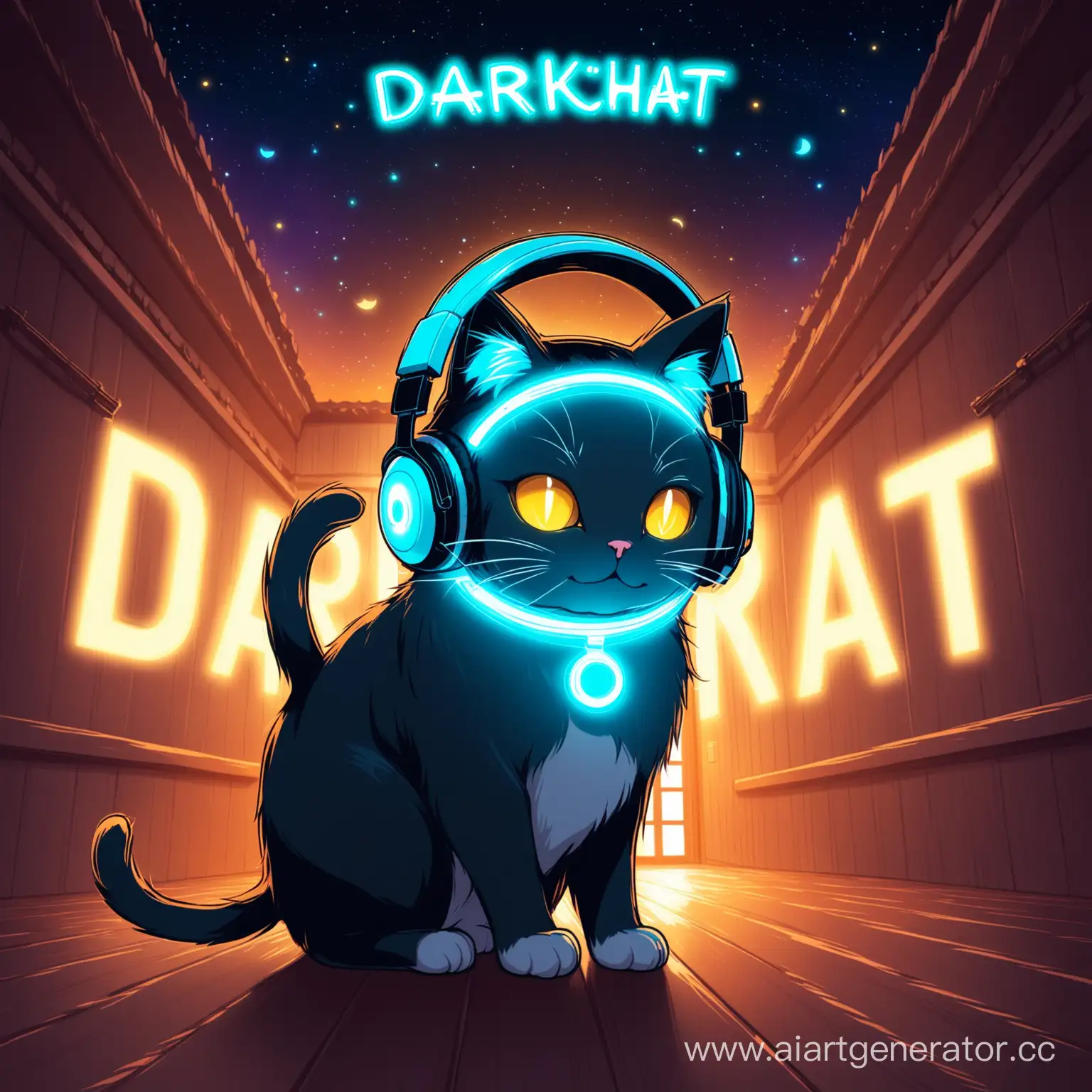 Кот, в атмосфере красивой дома, в наушниках светящихся, а по центру текст DarkChat