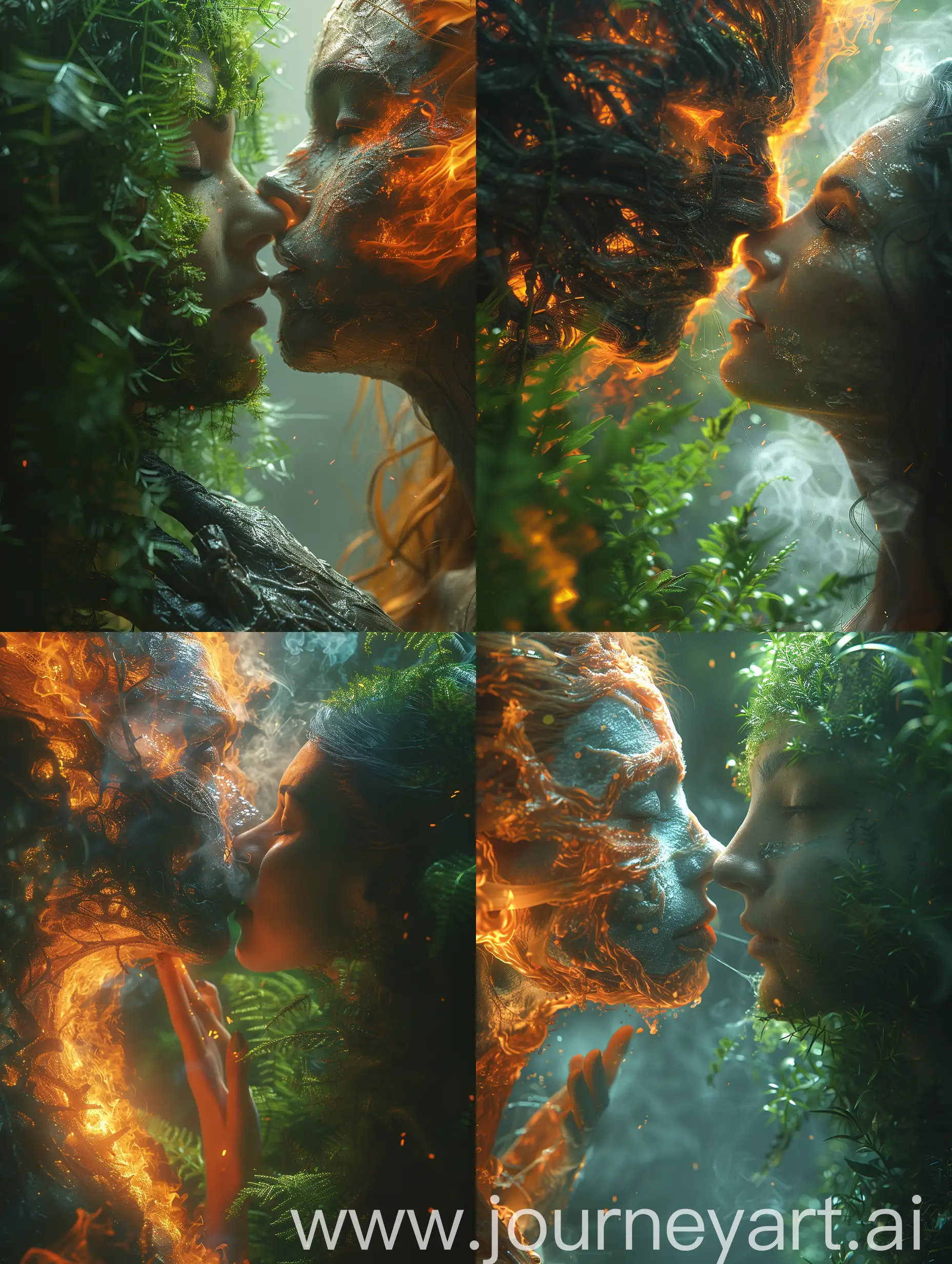 a fire elemental kissing a wood elemental, the green plants wood elemental slowly turns to ash, woman burning spreading from fingers, destruction, darkness creeping over the elemental's face, burning away, Karol Bak and Carne Griffiths Epic cinematic brilliant stunning intricate meticulously detailed dramatic atmospheric maximalist digital matte painting Arnold Böcklin, Ivan Shishkin, Gustave Doré --stylise 750