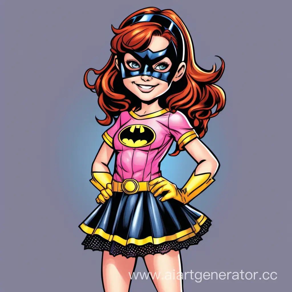 very cute petite dc comics super hero girl tween bat girl auburn hair skirt with stockings pink lace and heels full body smiling with mask