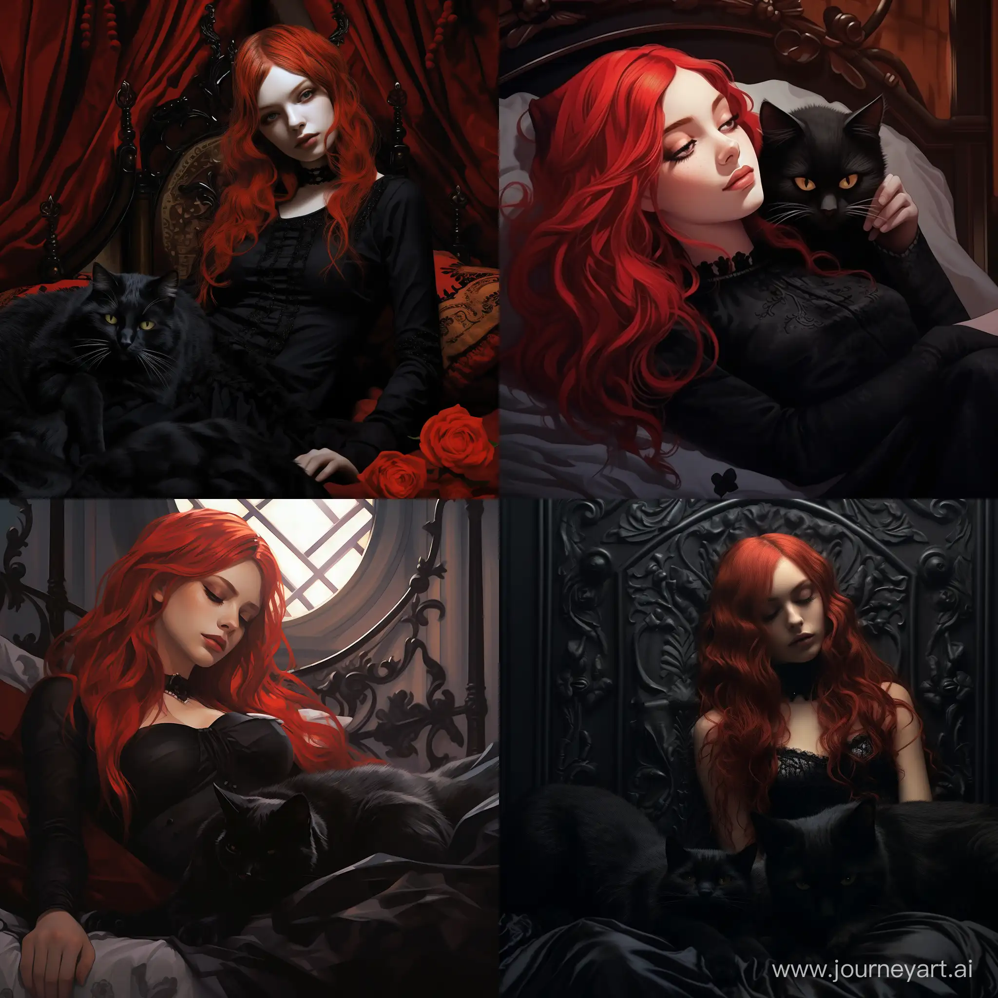 Enchanting-RedHaired-Gothic-Girl-Sleeping-Next-to-a-Stylish-Gothic-Cat