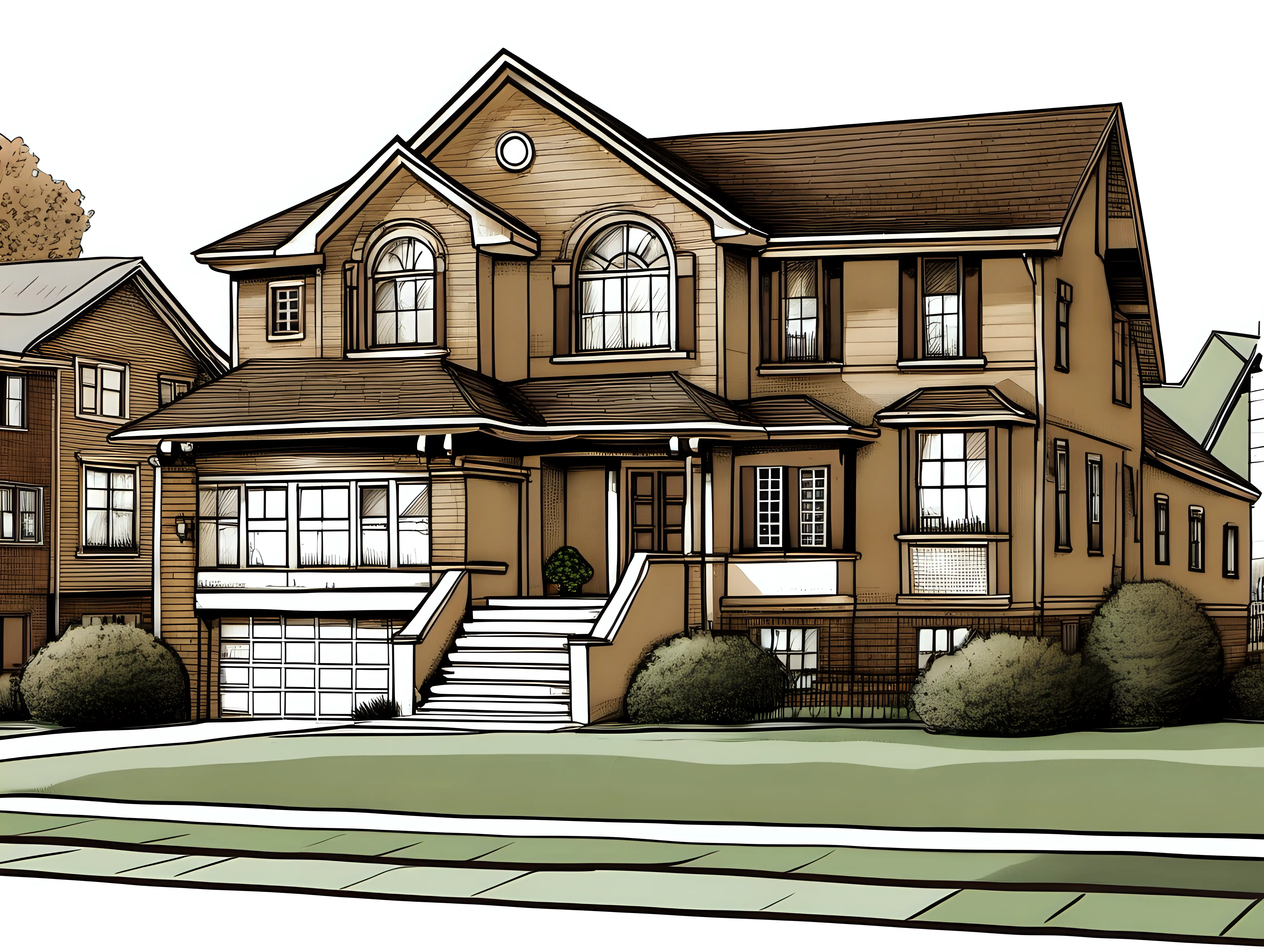 Suburban Neighborhood with Large Brown House Illustration