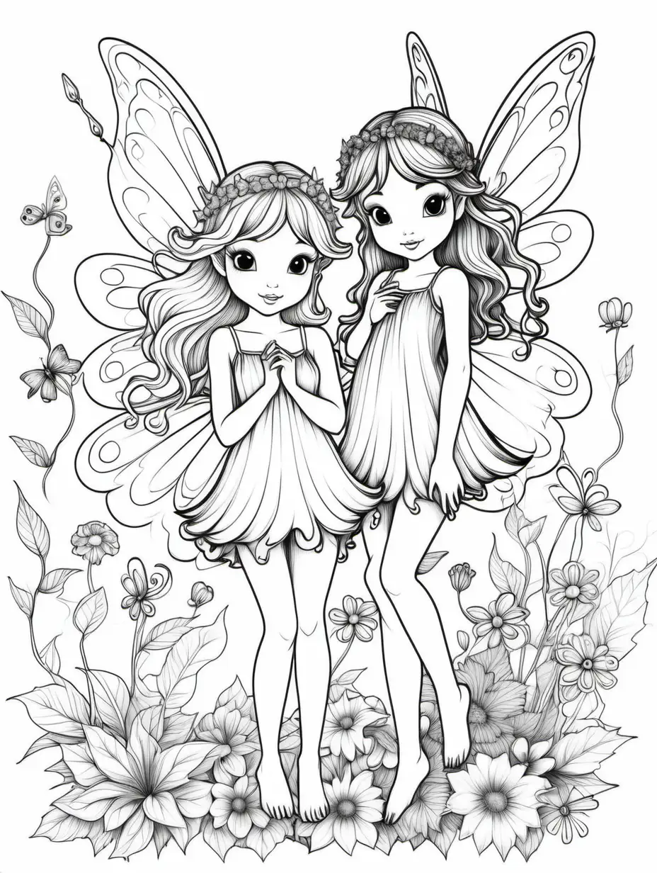 Charming Adorable Fairies Coloring Page Black Outlined Illustration on White Background