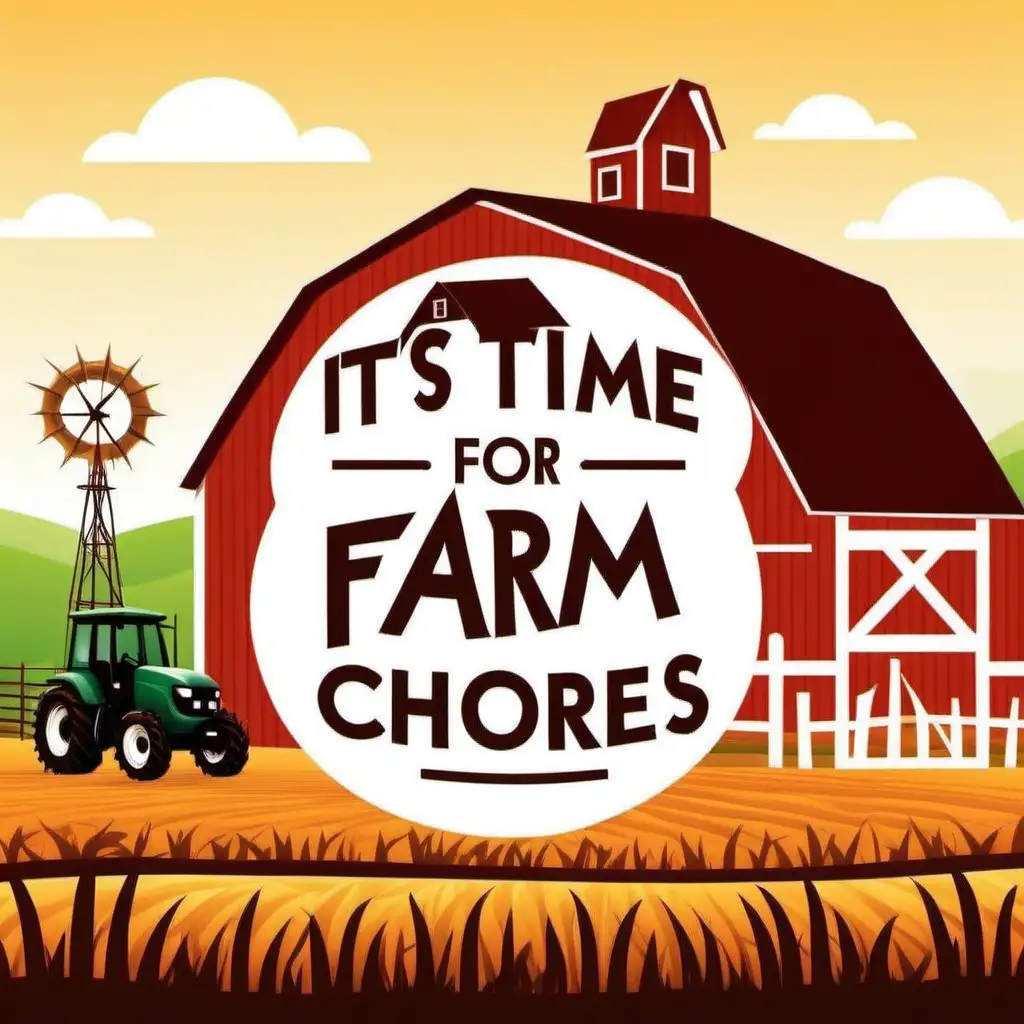 vector art, "Its time for farm chores"  typography, handwriting style font, farm background