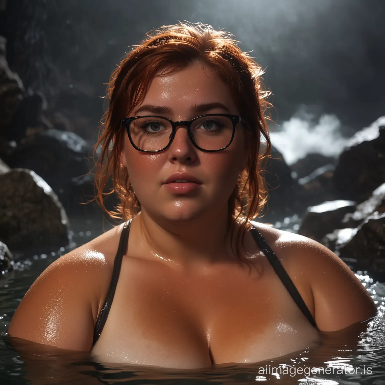 (Masterpiece), Realistic, Perfect face, Scotish ((sunburn skin)) with a tanlines skin obese Fat plump chubby female, dark-ginger hair, Glasses Expressive eyes, on the rocks in the water of a hotspring bathhouse under the moonlight, Tanlines tanned skin, Long gigner hair, ((steam)), fog, cloud, wet pubic hair