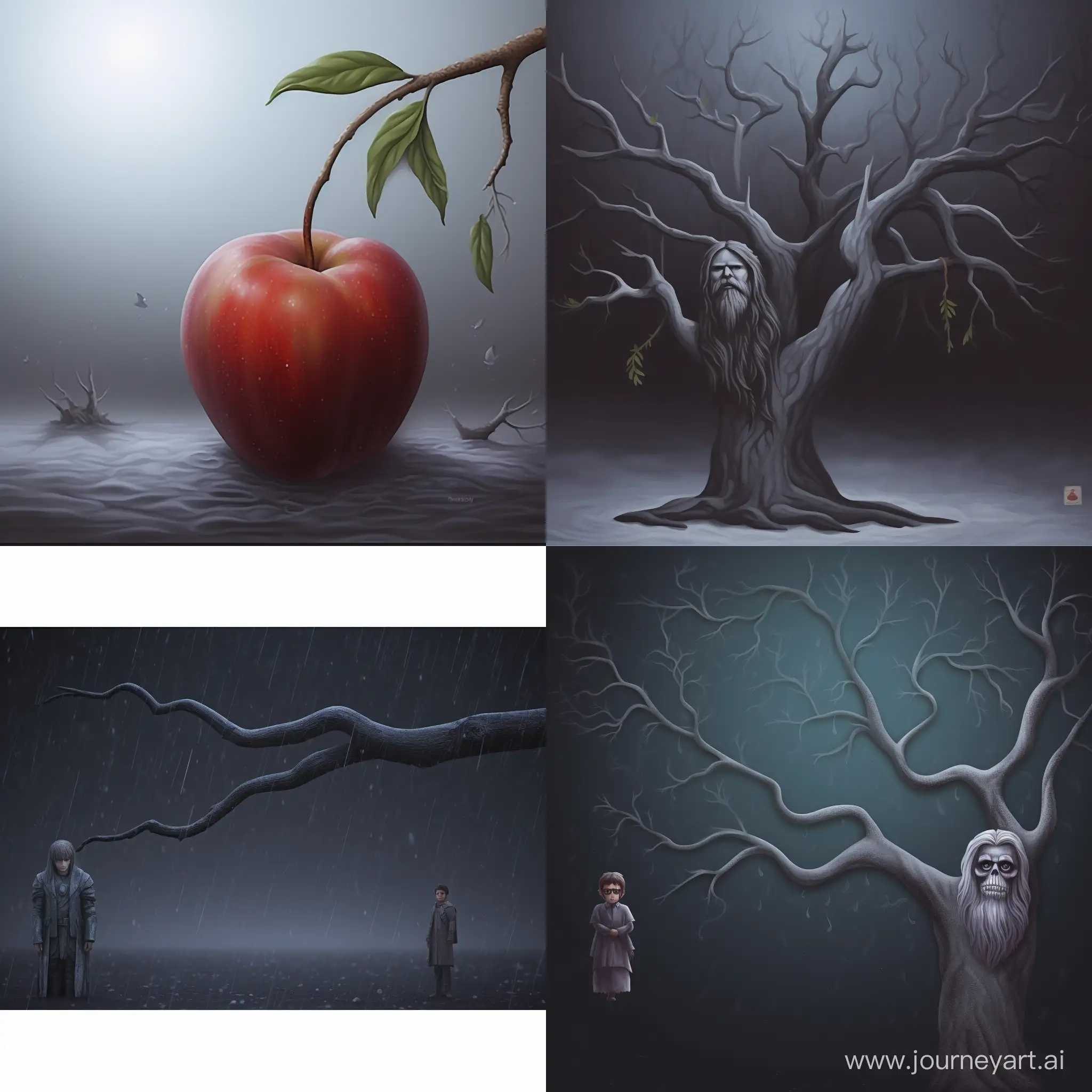 Gloomy-Winter-Night-Scene-with-Melting-Snow-Apple-Tree-and-Mysterious-Figures