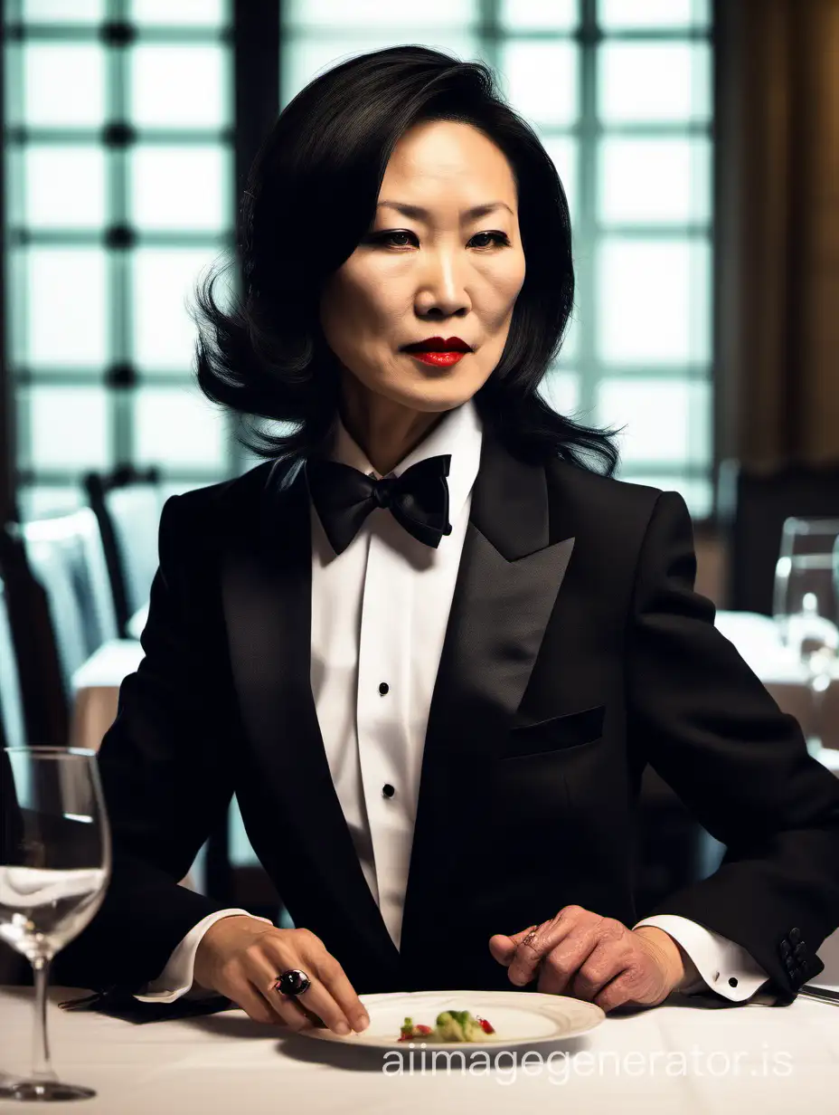 40 year old stern Chinese woman with shoulder length hair and lipstick wearing a tuxedo with a black bow tie.  Her shirt cuffs have cufflinks She is at a dinner table.