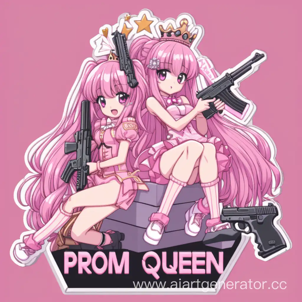 guns 2people pink style pixel anime title: PROM QUEEN on top