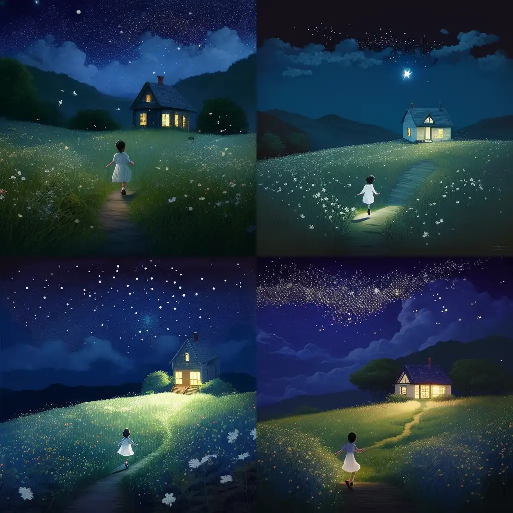 Tranquil-Night-in-the-Old-Countryside-Girl-Catching-Fireflies-in-Meadow