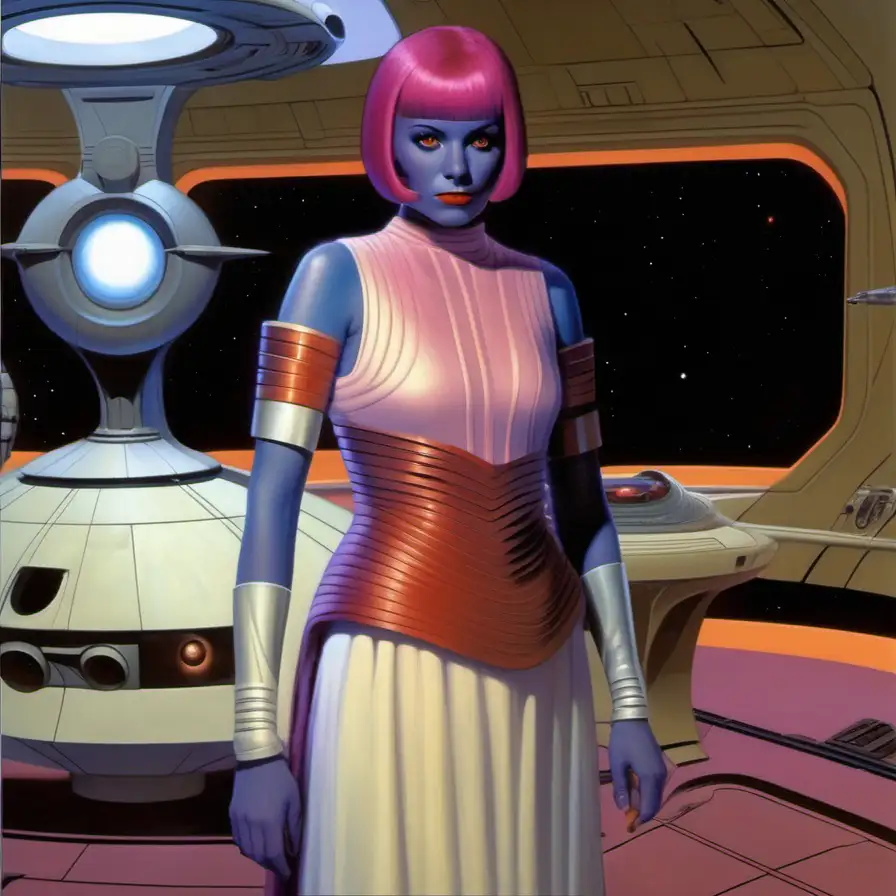 beautiful young woman, blue skin, purple hair, red eyes, white pink dress, spaceship interior, Star Wars art, Ralph Angus McQuarrie