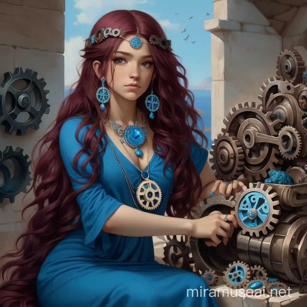 young woman with long burgundy hair wearing a blue Greek style dress and a blue stone pendant, holding a pile of gears