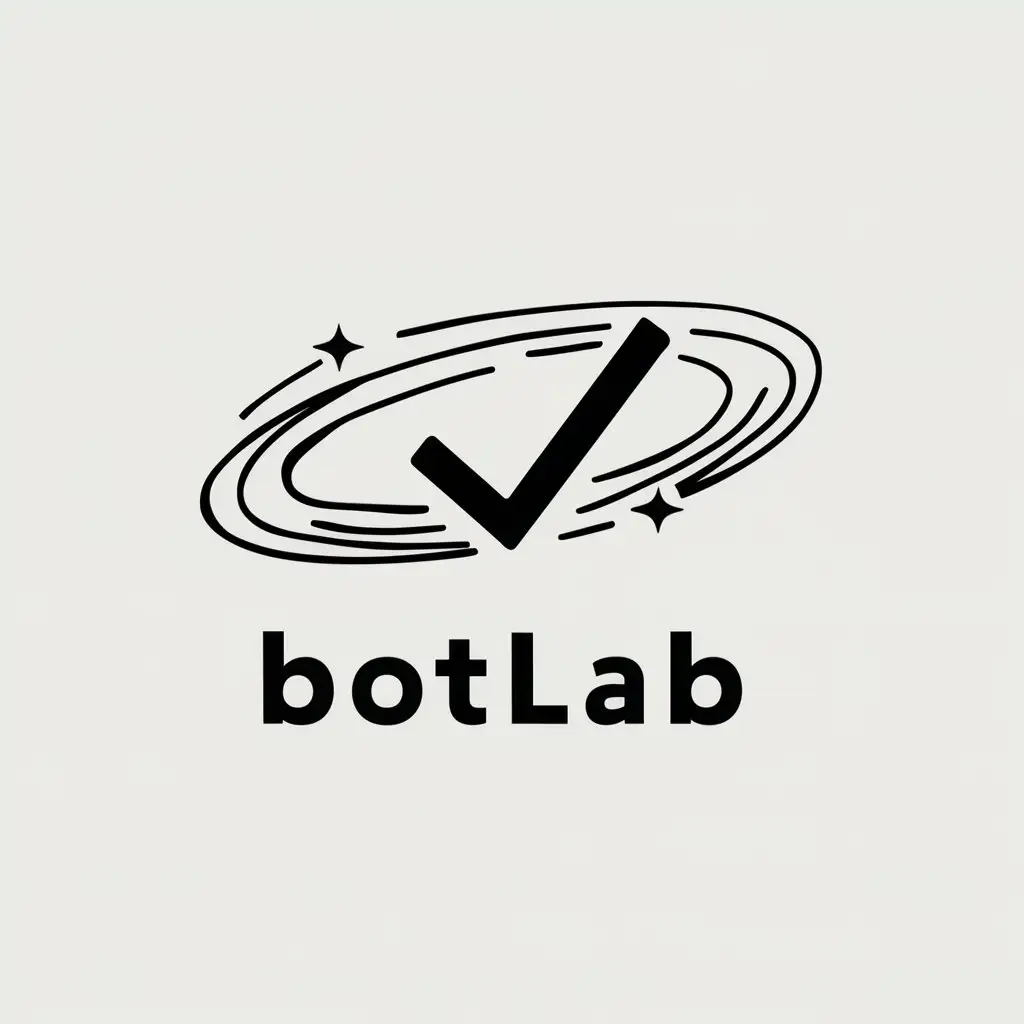 Сгенерируй мне логотип, в котором должна отображаться очень простая, примитивная фигура в виде галактики, а по центру галактики галочка, слоган BotLab