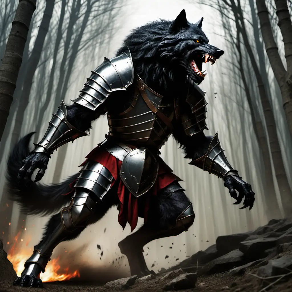lobo gigante, negro, atacando, caballero, medieval