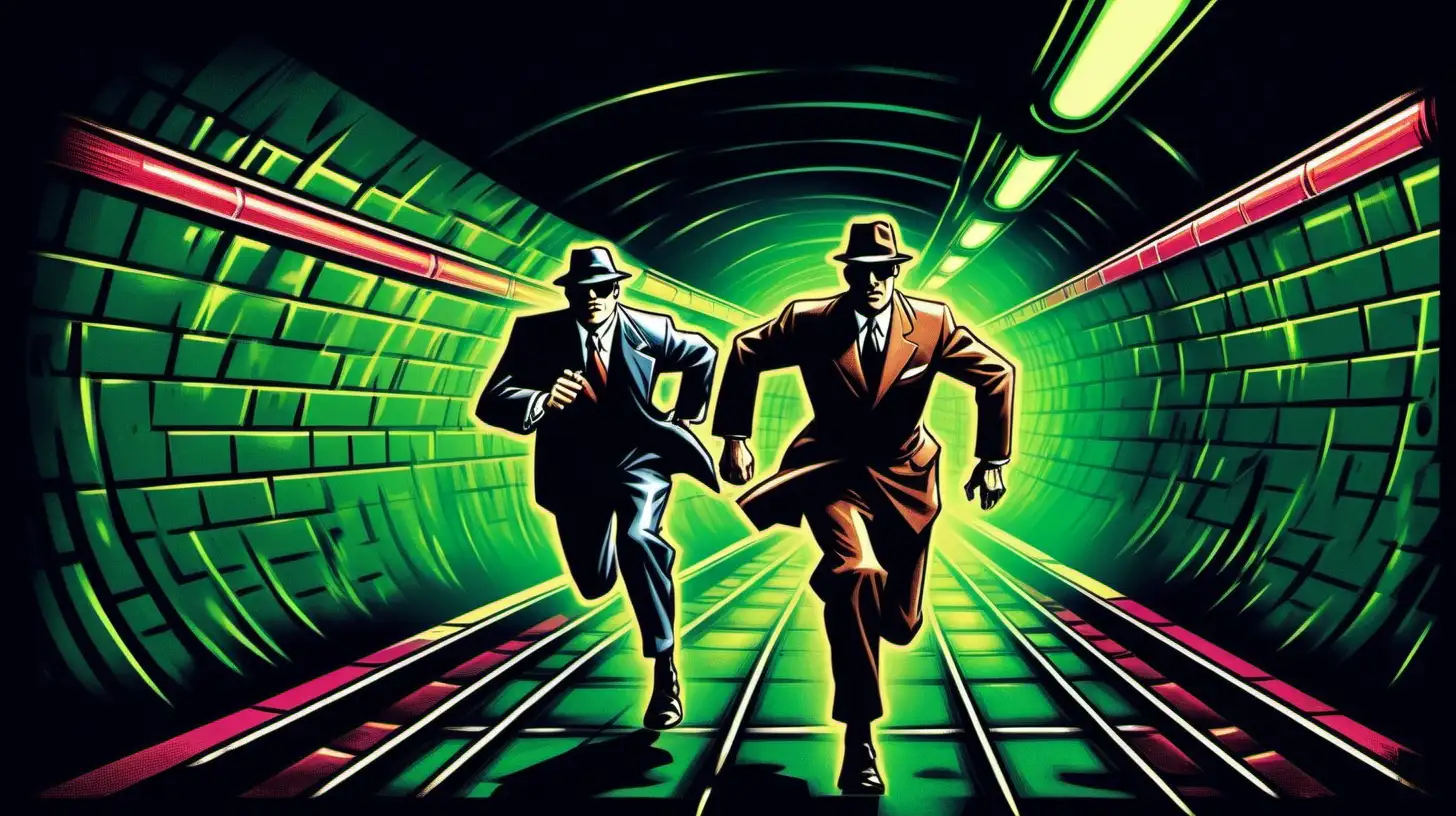 Image of an international spy chasing a villain, circa 1940, running along a subway tunnel, neon, Neo-Pop Art style.