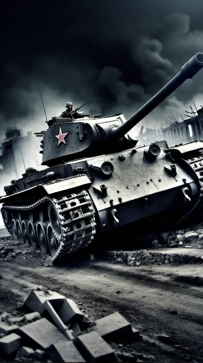 Battle of Stalingrad, there is a tank. Let the background of the picture be dark
