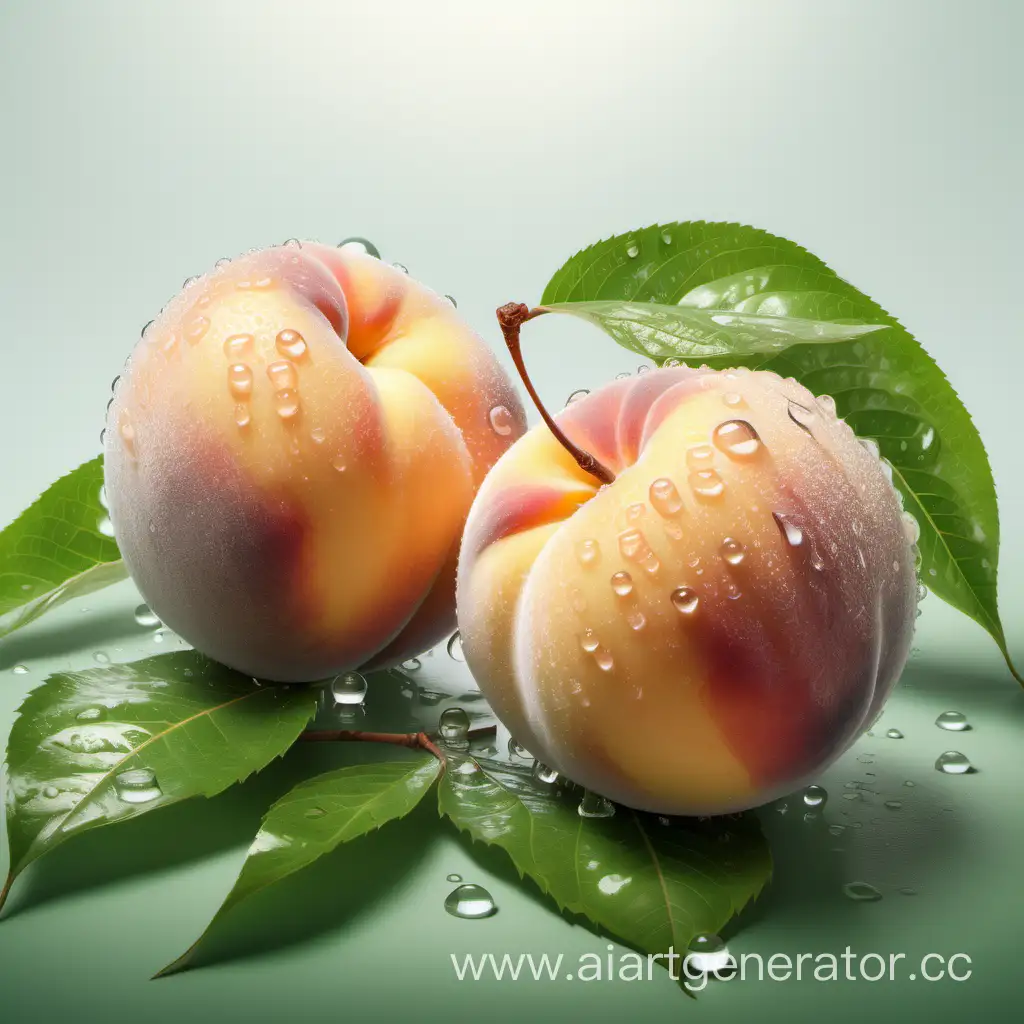 два  персика нежно бежевого цвета,  лежат на светлом фоне, на зеленых листиках, покрытые капельками воды, фотореалистично, высокая детализация
