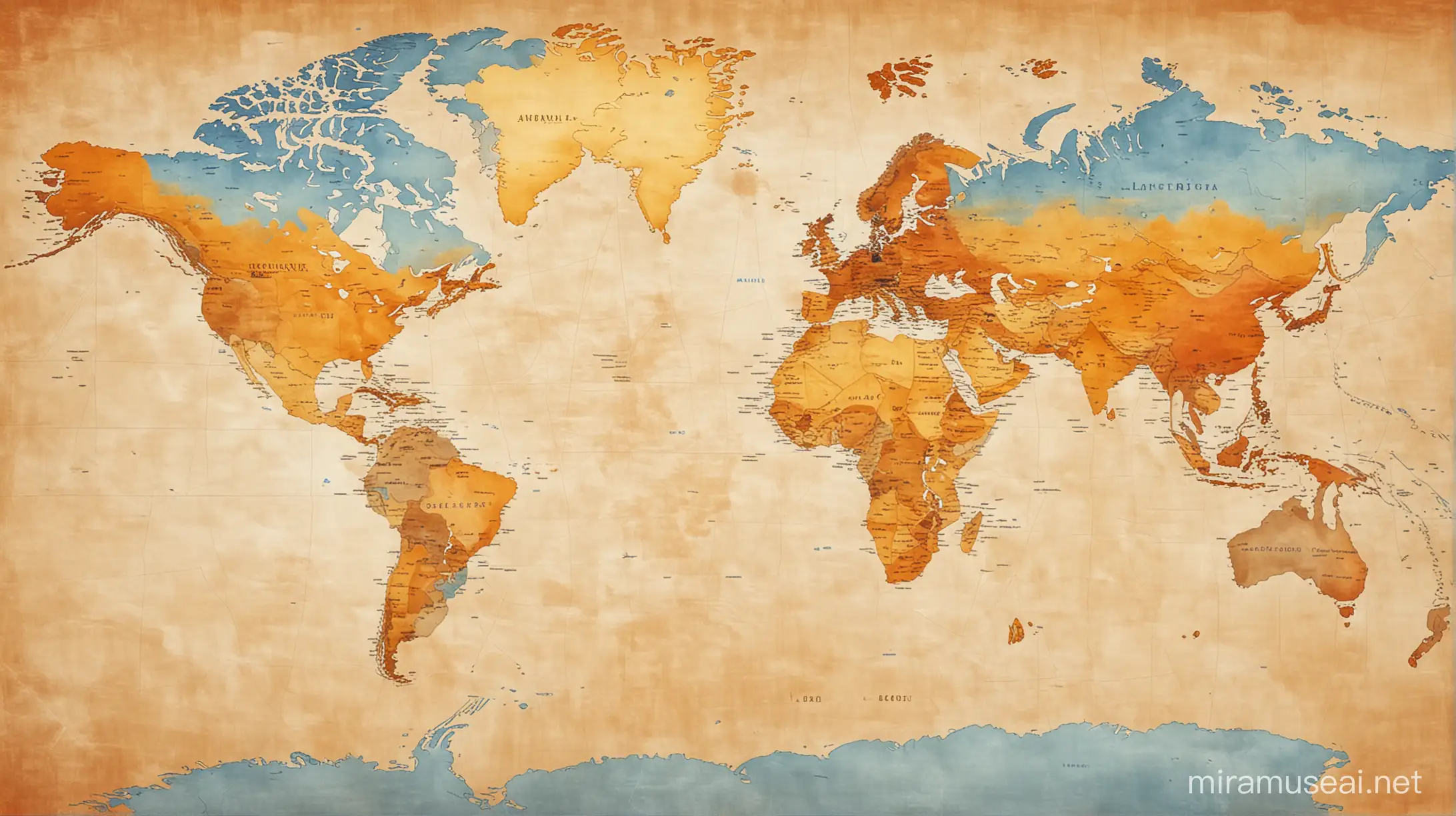 create a beautiful world map with colors orange blue and ochre yellow with seemless self background for big wallpaper 