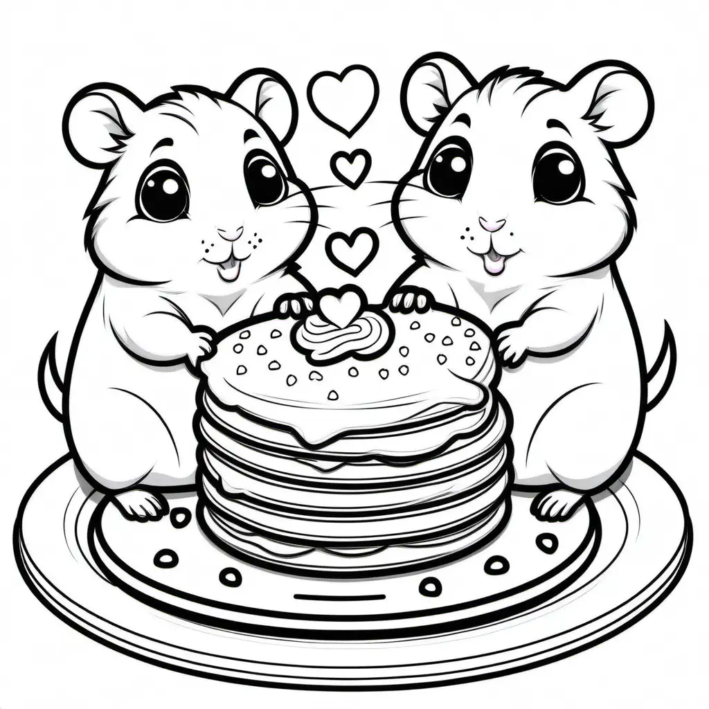 create a black line illustration with a white background. for children's coloring book of two cute hamsters eating pancakes topped with whipped cream and heart sprinkles. Use crisp black outlines, no shading. NO Color. 