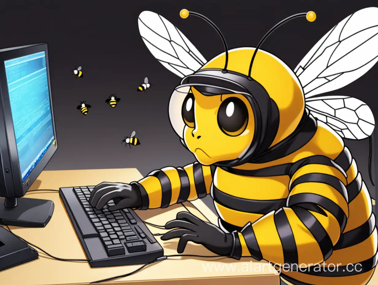 Аниме пчел играет в компьютер 
