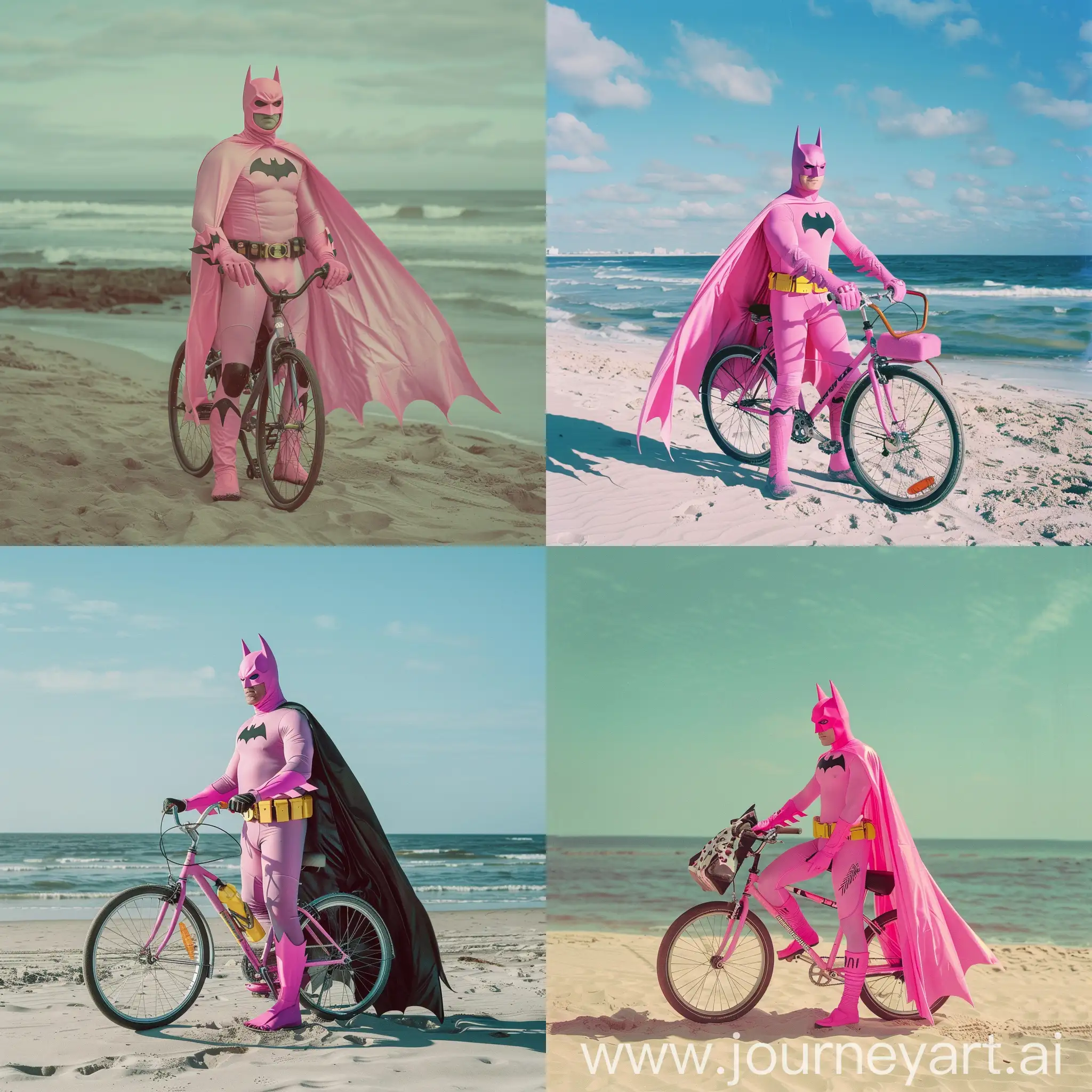 Pink batman on beach on bicycle 