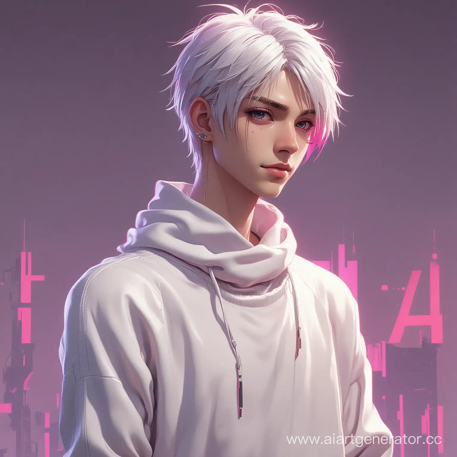 Cyberpunk-Anime-Character-Shy-WhiteHaired-Guy-in-Fuchsia-Cybernetic-World