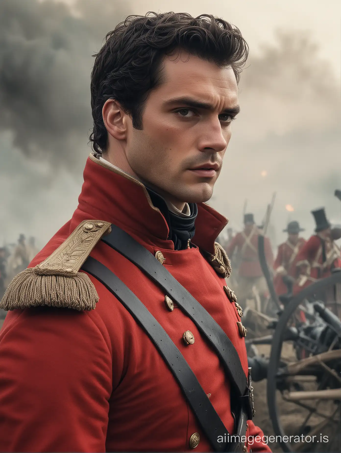 Close-up of a young and handsome English officer in a red coat uniform, without a hat, somewhat resembling actor Henry Cavill in the movie The Cold Light of Day, standing on a battlefield surrounded by cannon smoke, with a distressed expression, a small wound on the face, and wielding a sword, Regency era. Ultra-realistic.
