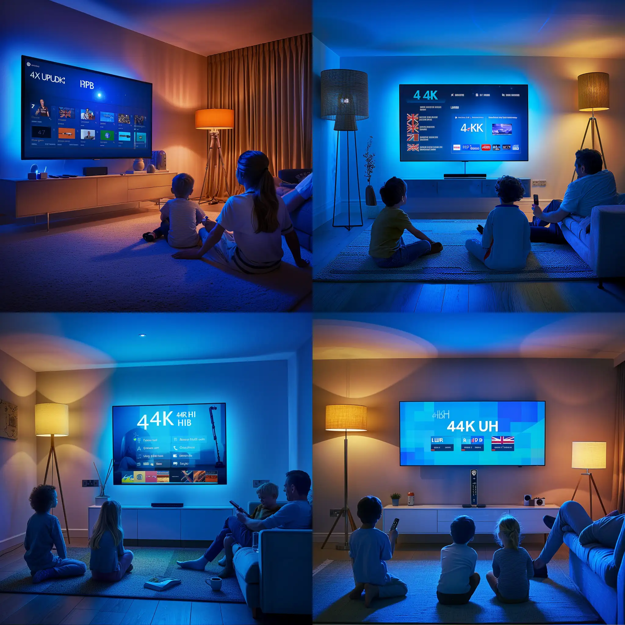 captures a tranquil family scene inside a modern living room at night, where the main source of illumination emanates from a large, vivid television screen mounted on the wall. Two children sit on the floor, their attention captivated by the screen, while an adult reclines comfortably on a couch, remote in hand. The blue glow from the TV casts a serene light throughout the room, contrasting with the warm, amber tones from a standing lamp, creating a dual ambiance of technology and warmth.  On the television, a user-friendly interface branded '4K UK' showcases a selection of multimedia content. There are options for IPTV, with clear, brightly colored tiles for different programs and features such as sports, movies, and live events. The screen layout is organized and sleek, suggesting a high-tech and contemporary entertainment system. The content promises a variety of viewing experiences, from gaming to live sports, appealing to diverse interests within the family.