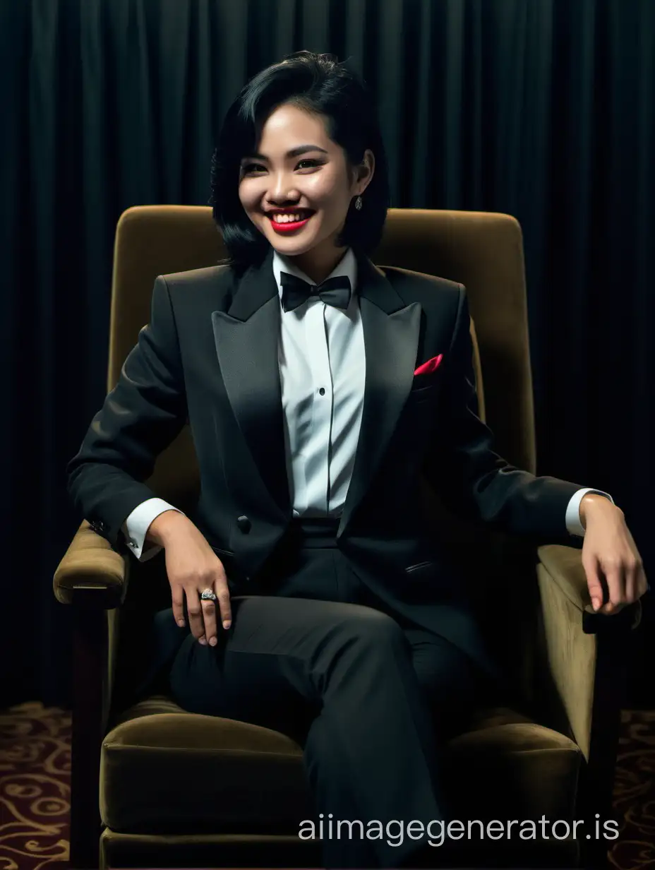 A Vietnamese woman is wearing a tuxedo. She is sitting in a plush chair in a dark room. Her jacket is open. She is wearing pants. She is smiling. She is wearing lipstick. She has shoulder-length black hair. Her cufflinks are black.
