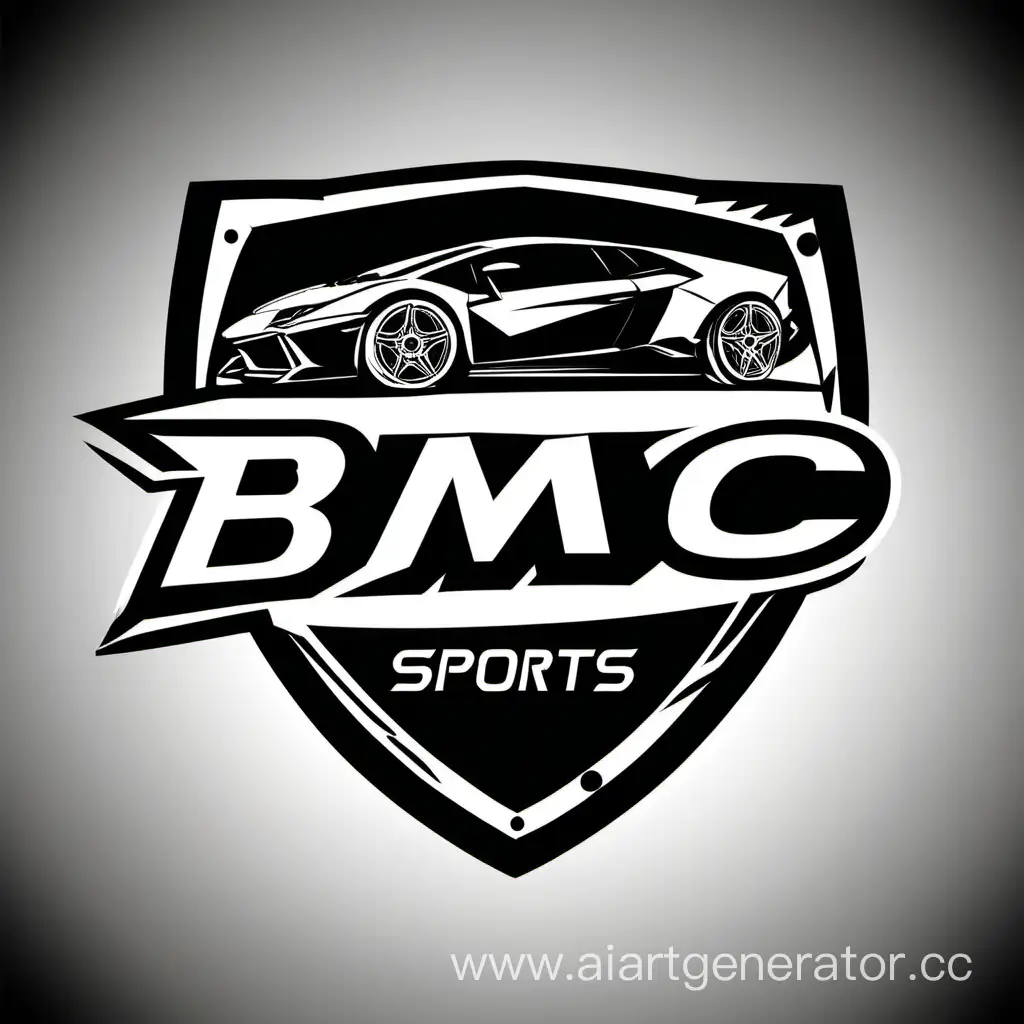 логотип со щитом, спорткар  ламборгини, ниже текст "BMC", брутальный стиль, черный контур, векторная графика, фронтальная сторона