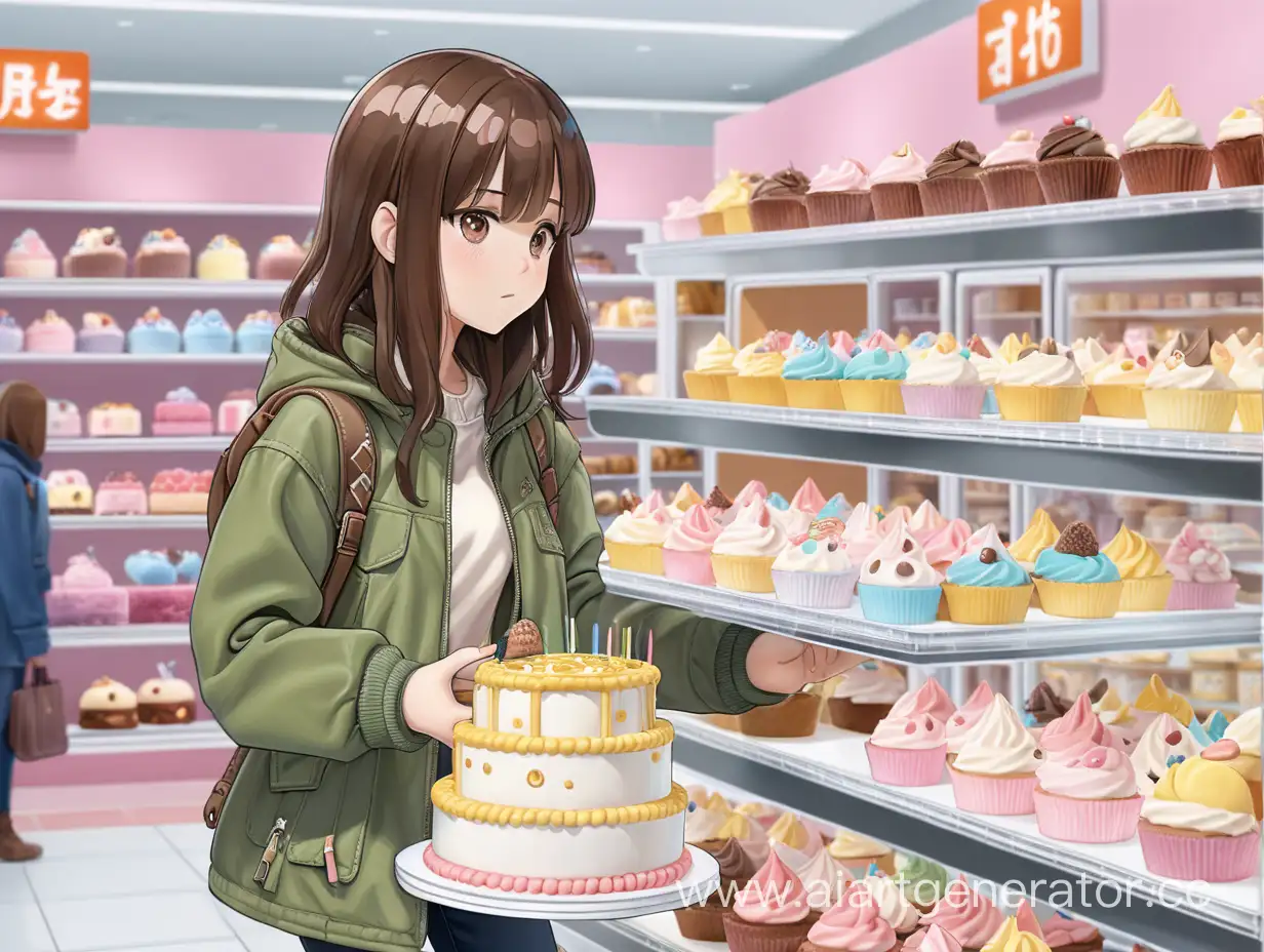 В магазине девушка брюнетка с волосами до плеч в болотной куртке выбирает торт аниме