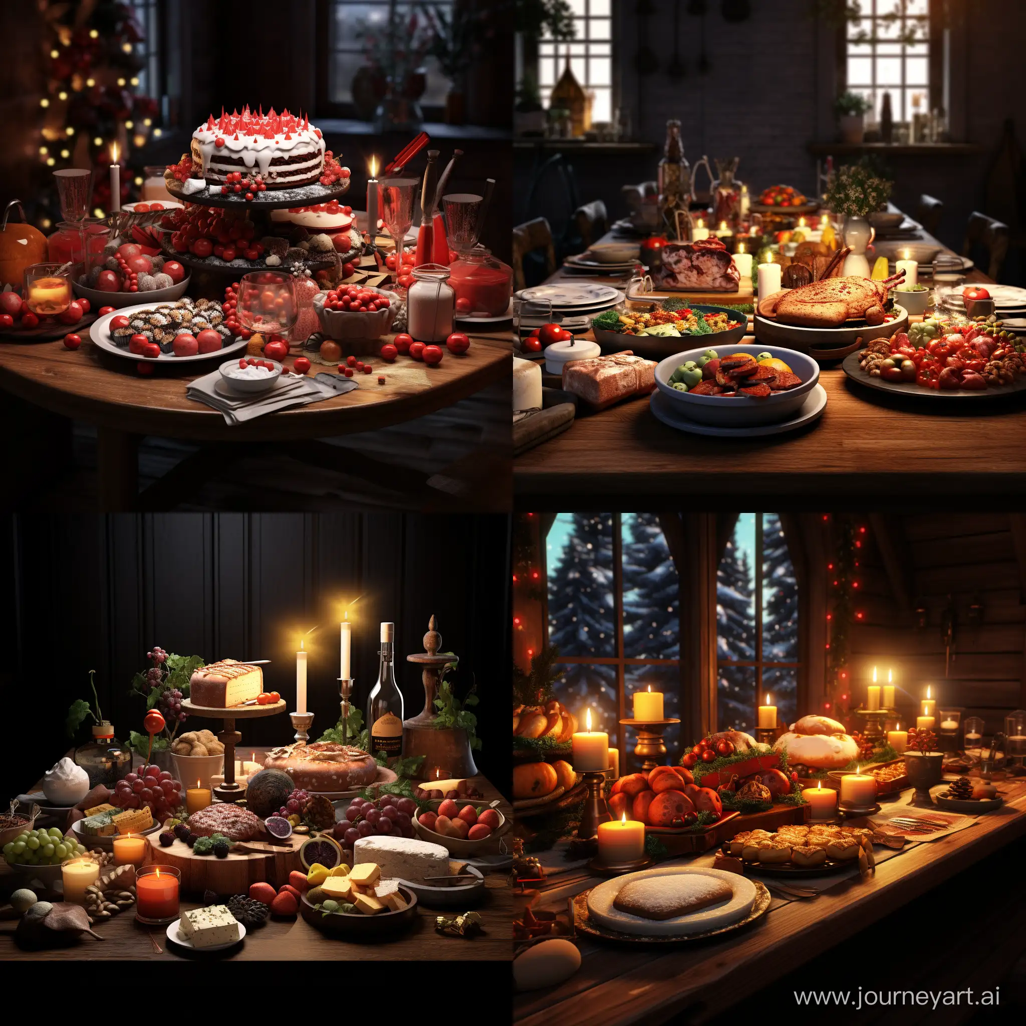 Christmas table with food. 3D animation 