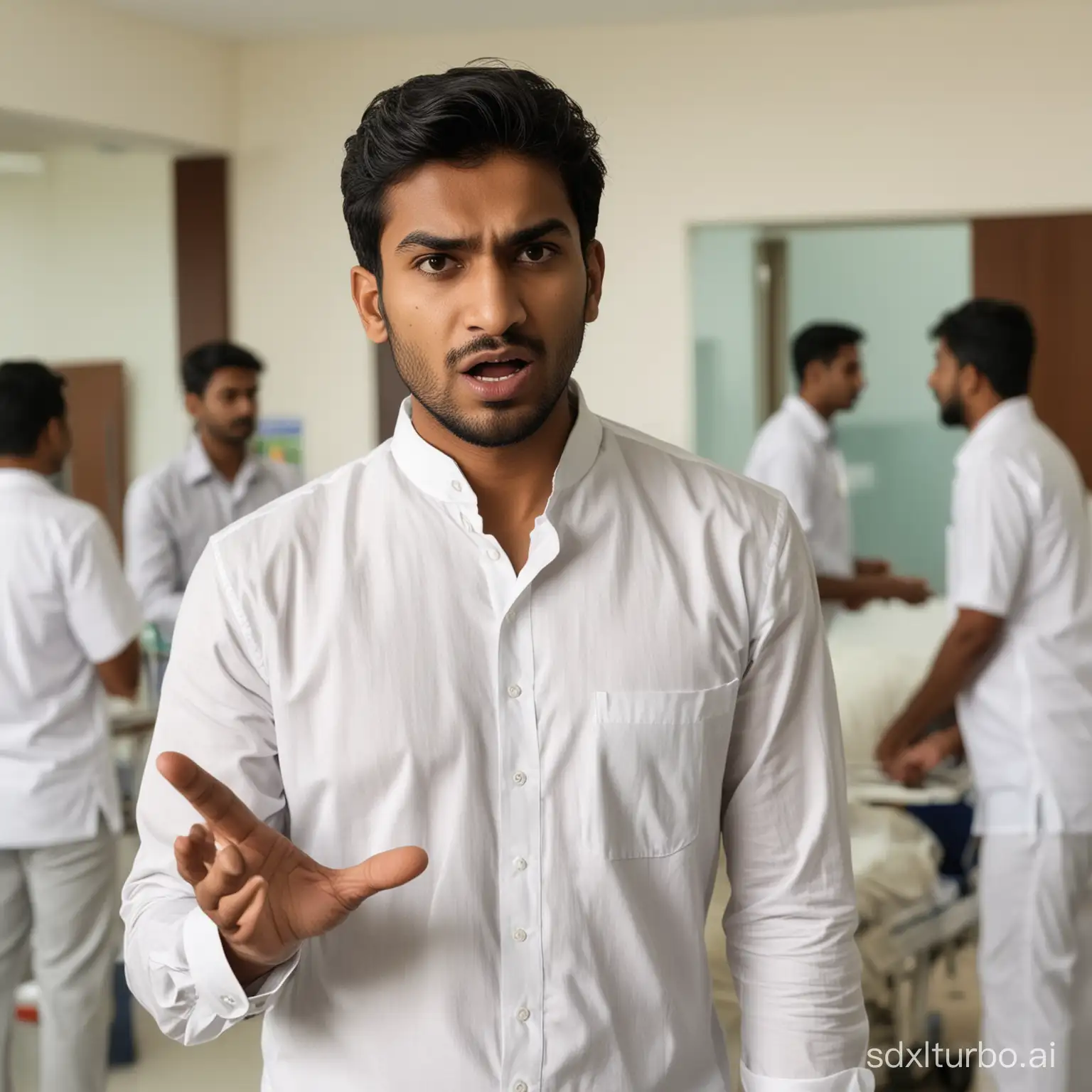 Angry-Indian-Man-in-White-Shirt-Arguing-at-Hospital-Reception