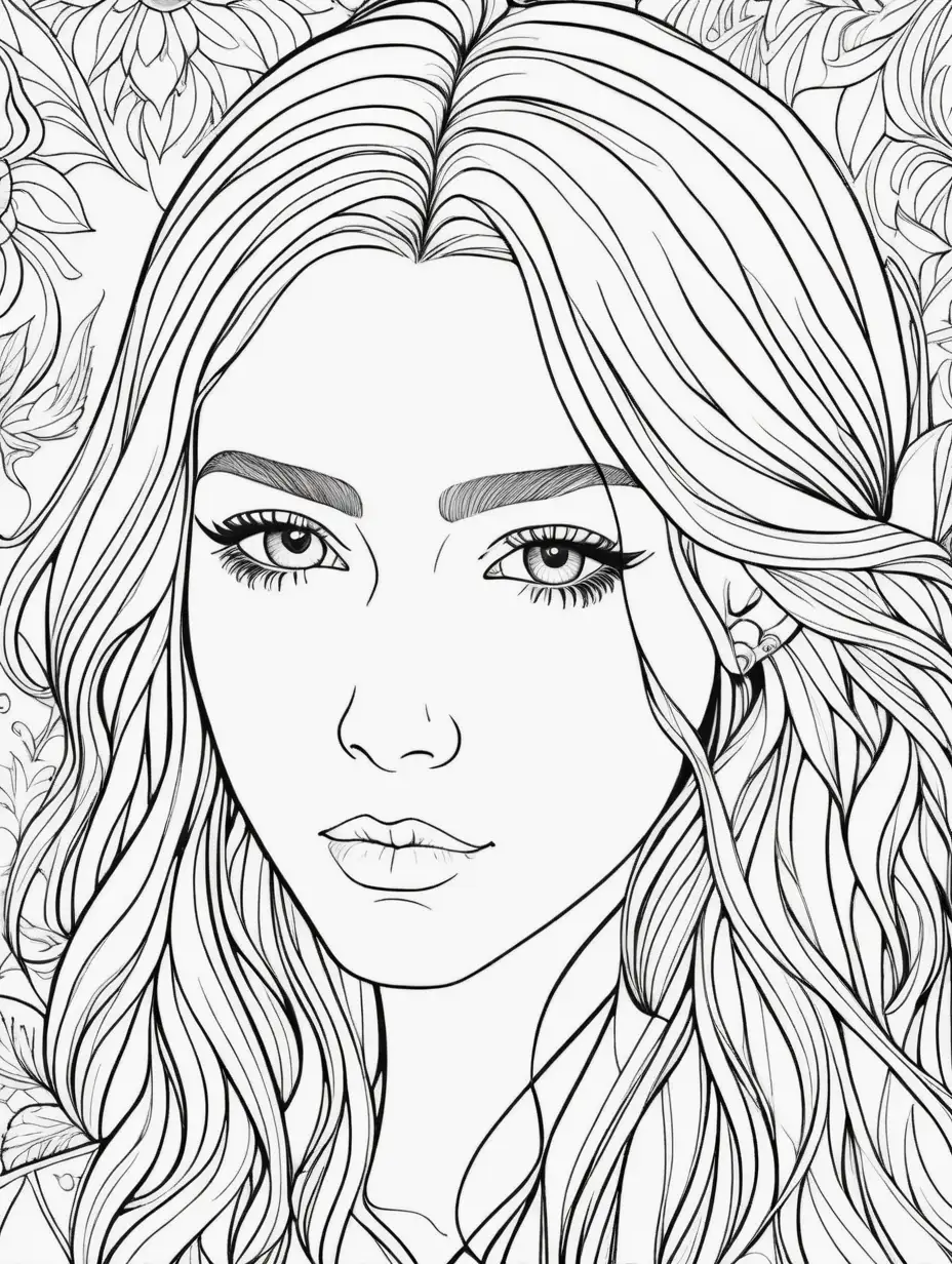 Portrait of a beautiful country style young woman with blonde hair and with light eyebrows, black and whit adult coloring page, large print, minimum details, no shadding, no greys, white ornamental background