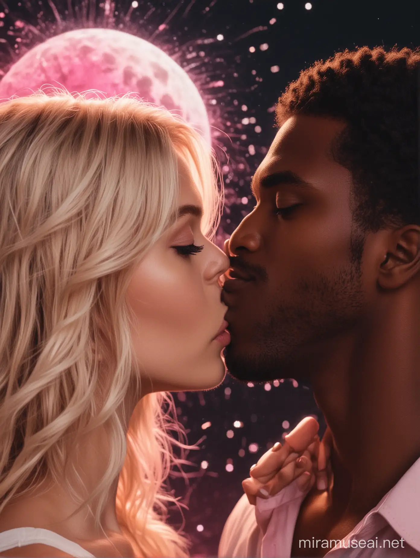 pink fireworks aesthetics, blonde haired woman and dark skinned, dark haired man about to kiss in front of a full moon at night
