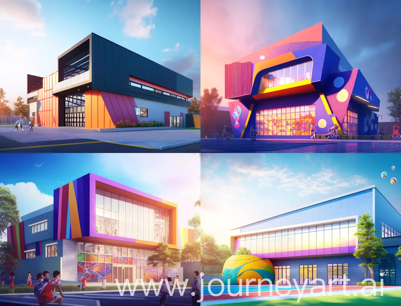 facade of a colorful modern 2-storey school sports hall with a 1-story extension, exterior rendering