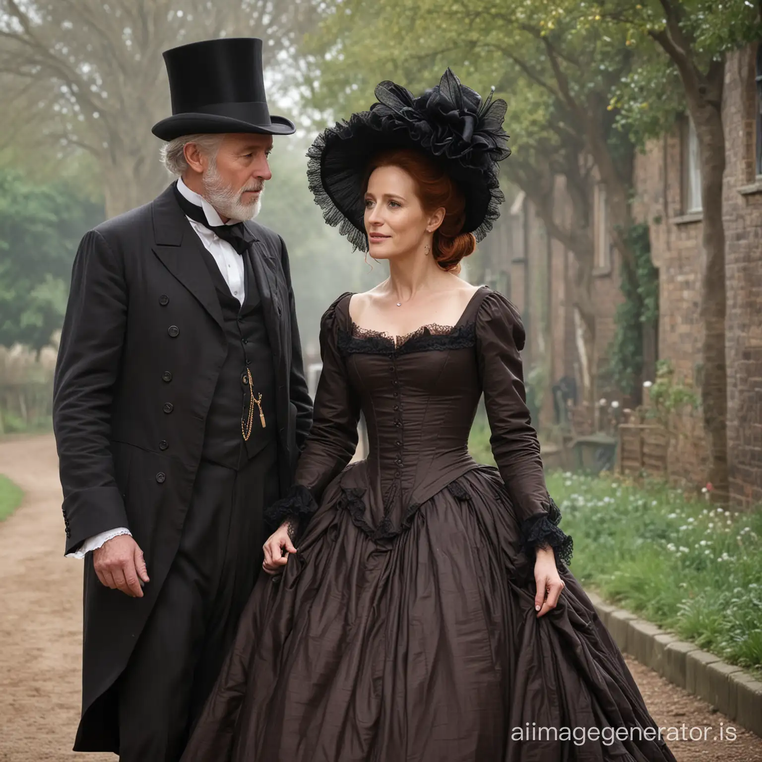 red hair Gillian Anderson wearing a dark brown floor-length loose billowing 1860 Victorian crinoline poofy dress with a frilly bonnet walking with an old man dressed into a black Victorian suit who seems to be her newlywed husband